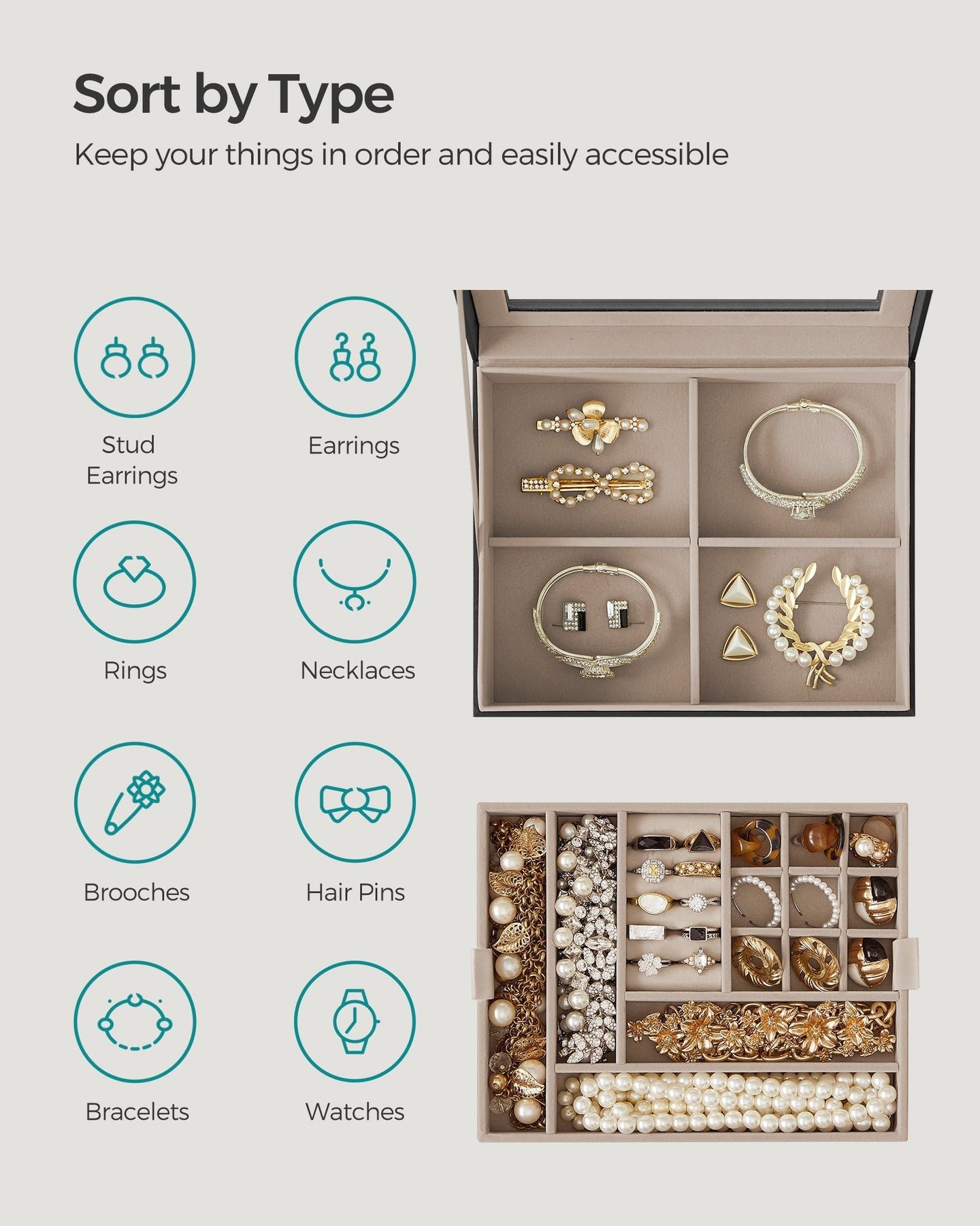 Jewellery Organiser - Wood - Graphite Black - 2-Layer with Removable Tray