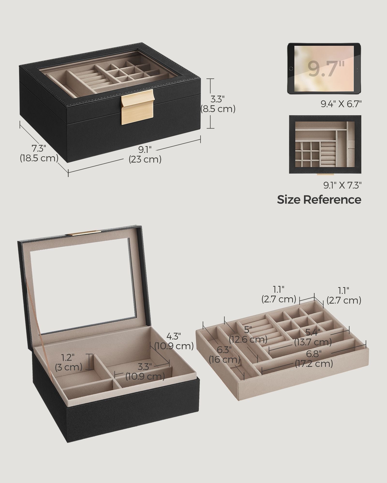 Jewellery Organiser - Wood - Graphite Black - 2-Layer with Removable Tray