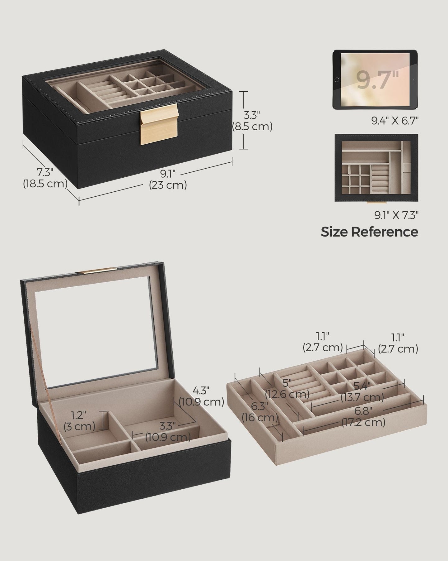Jewellery Organiser - Wood - Graphite Black - 2-Layer with Removable Tray