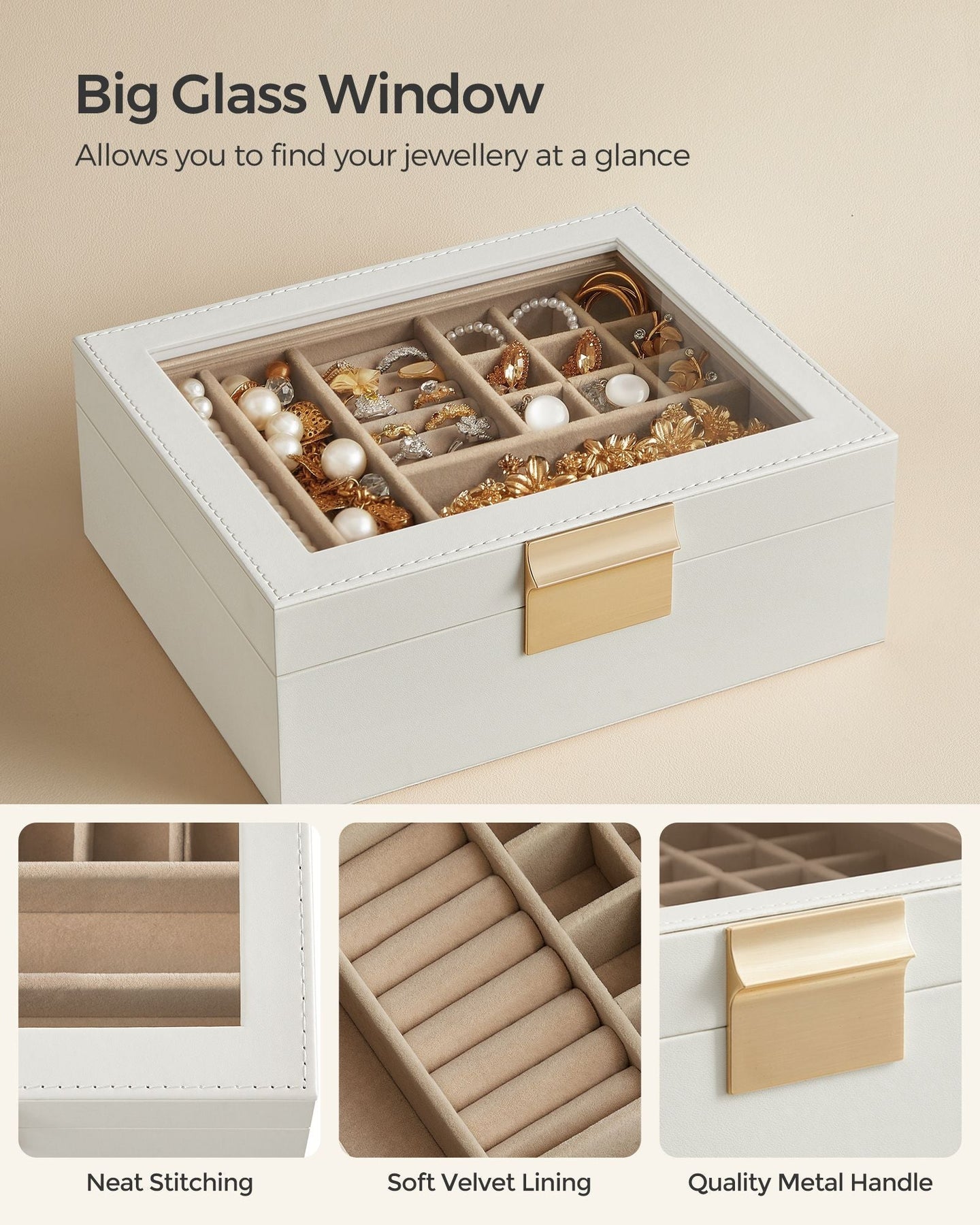 Jewellery Organiser - Wood - Cloud White - 2-Layer with Removable Tray