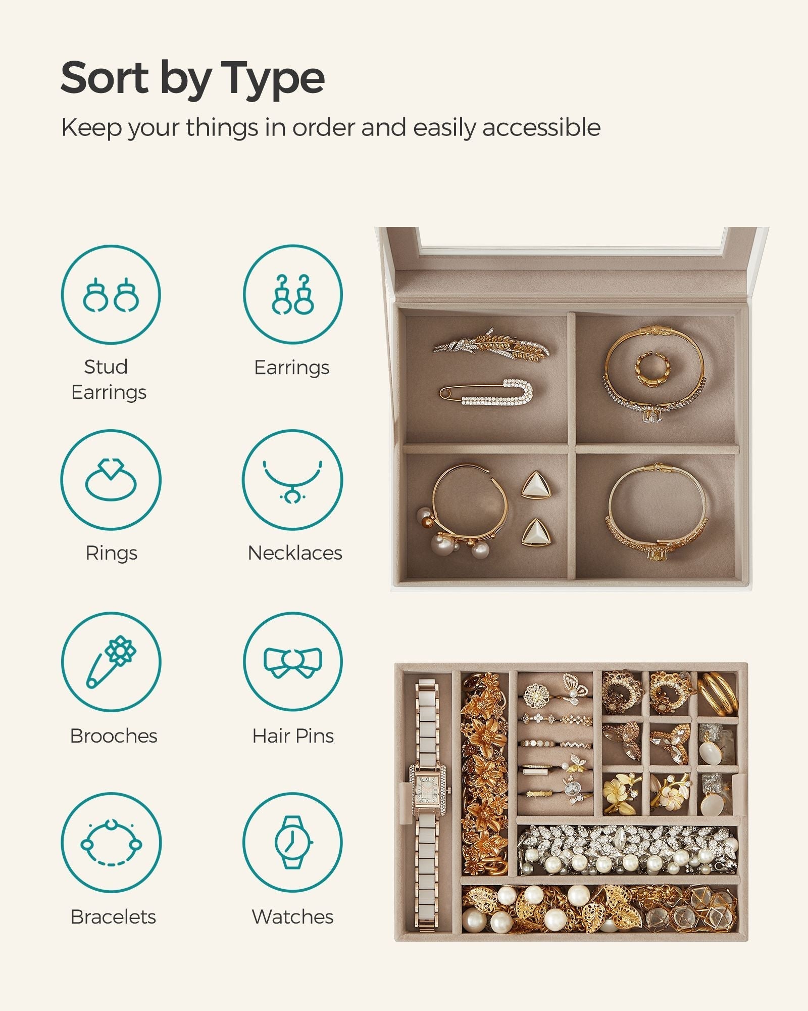 Jewellery Organiser - Wood - Cloud White - 2-Layer with Removable Tray