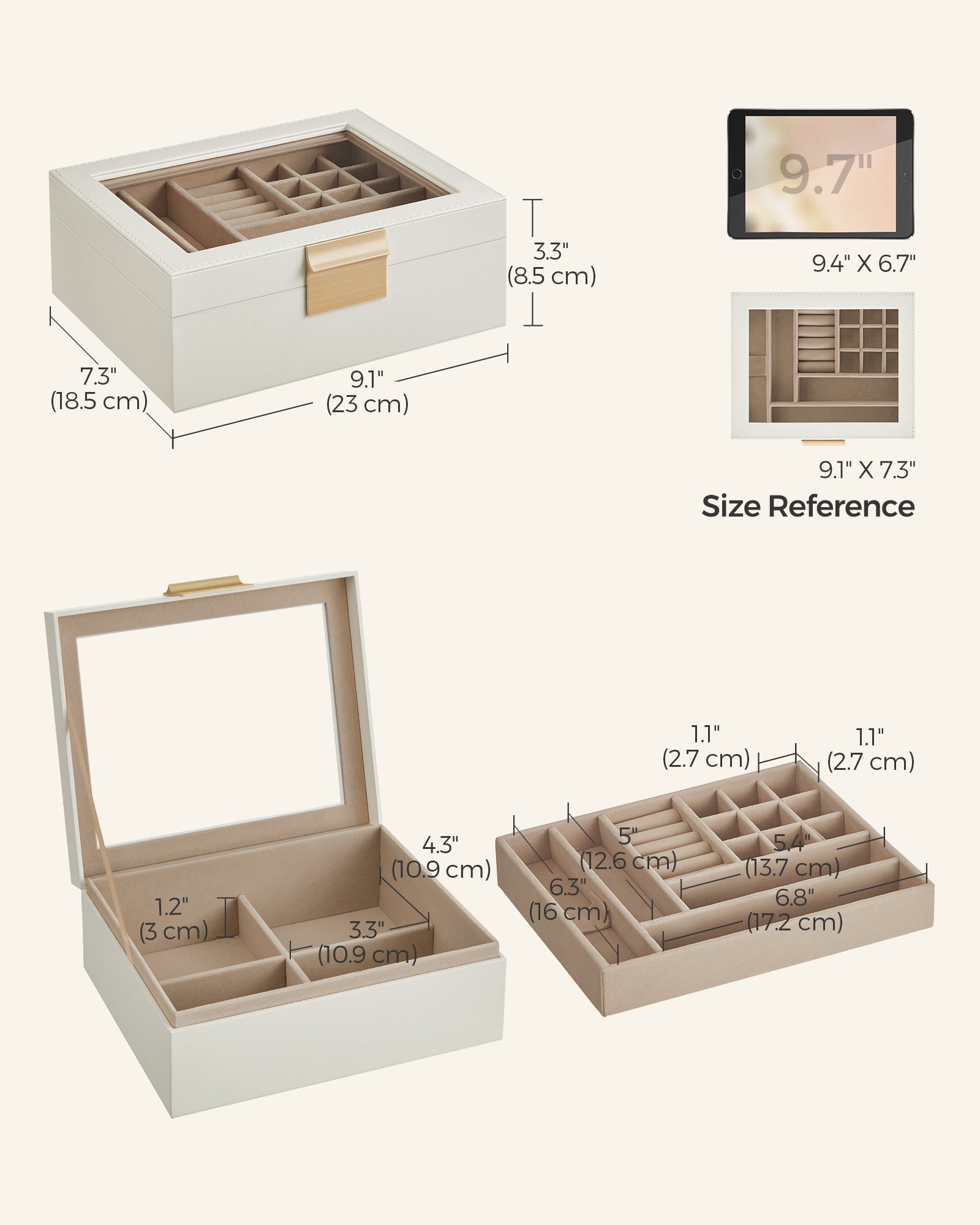 Jewellery Organiser - Wood - Cloud White - 2-Layer with Removable Tray