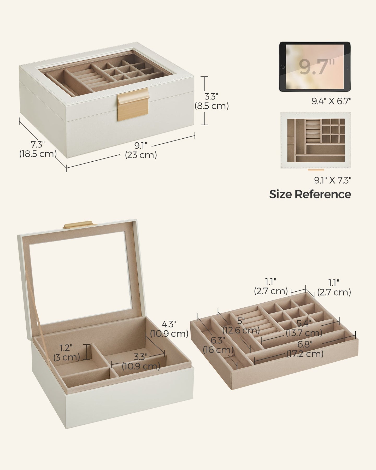 Jewellery Organiser - Wood - Cloud White - 2-Layer with Removable Tray
