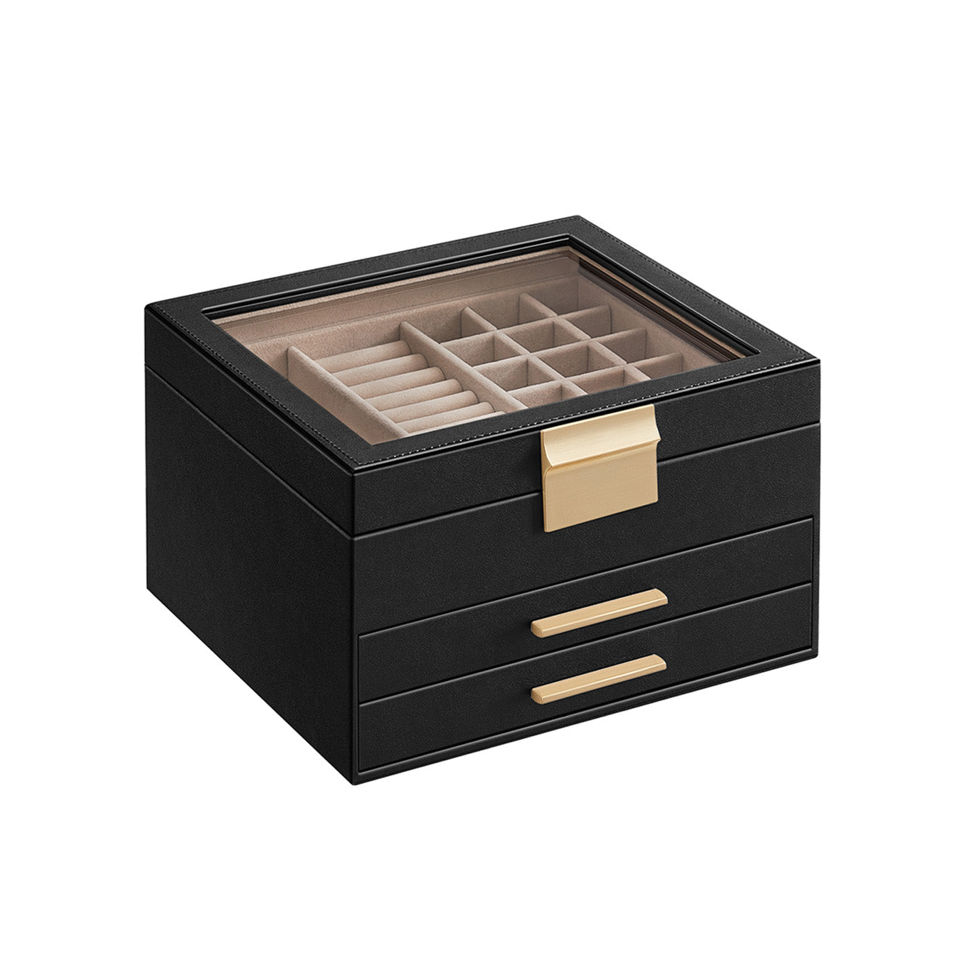 3-Layer Jewellery Box - Wood - White - Includes 2 Drawers and Glass Lid
