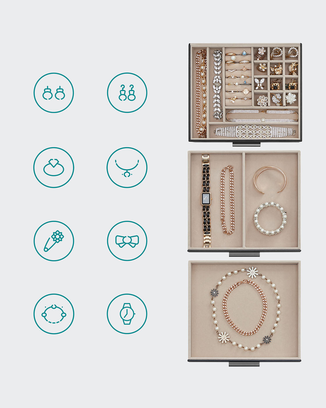 3-Layer Jewellery Organiser - Wood - White - Glass Lid with 2 Drawers