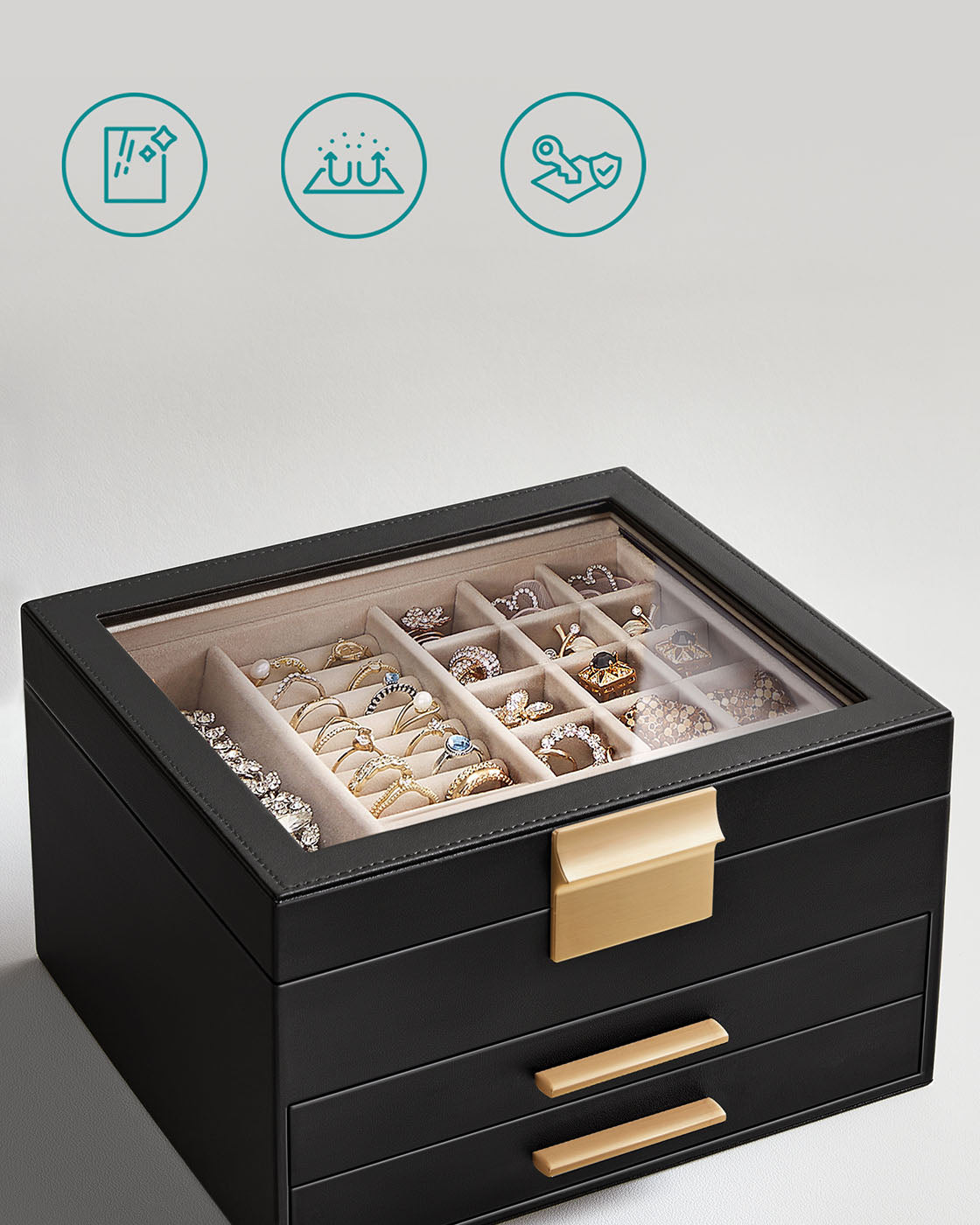3-Layer Jewellery Organiser - Wood - White - Glass Lid with 2 Drawers