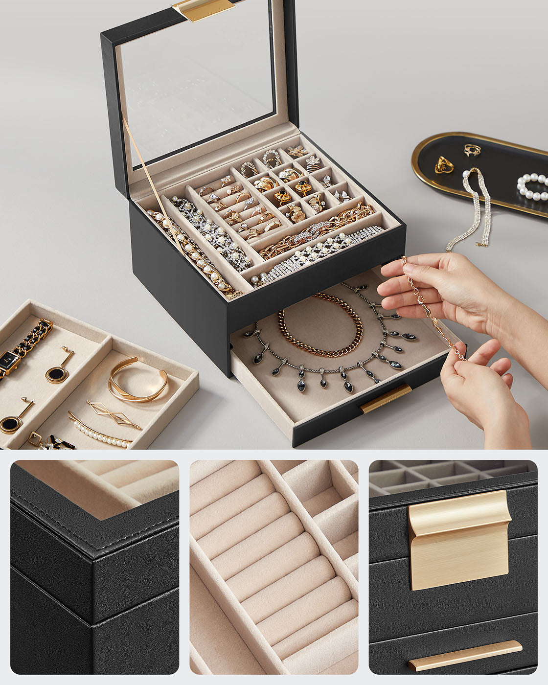 3-Layer Jewellery Organiser - Wood - White - Glass Lid with 2 Drawers