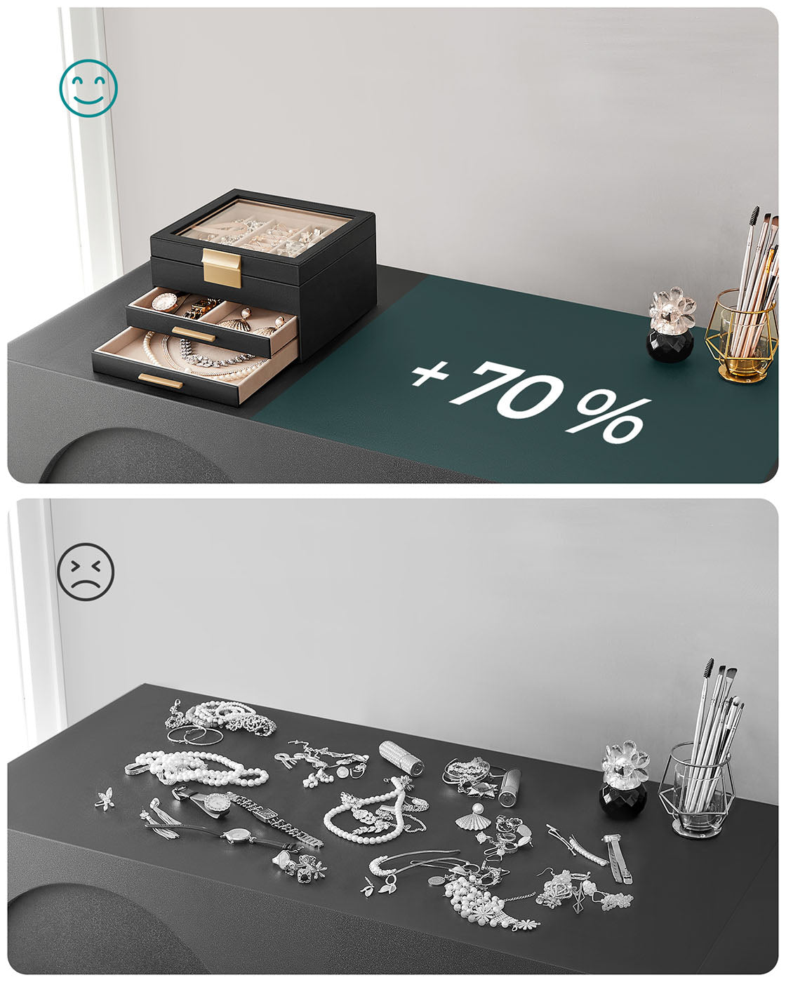 3-Layer Jewellery Organiser - Wood - White - Glass Lid with 2 Drawers