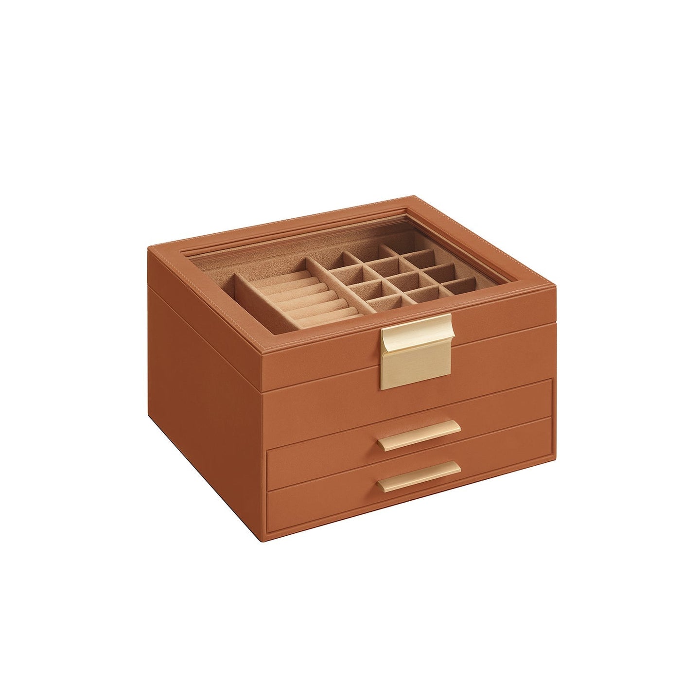 3-Tier Jewellery Box - Glass - Caramel Brown and Gold - Organiser with Drawers