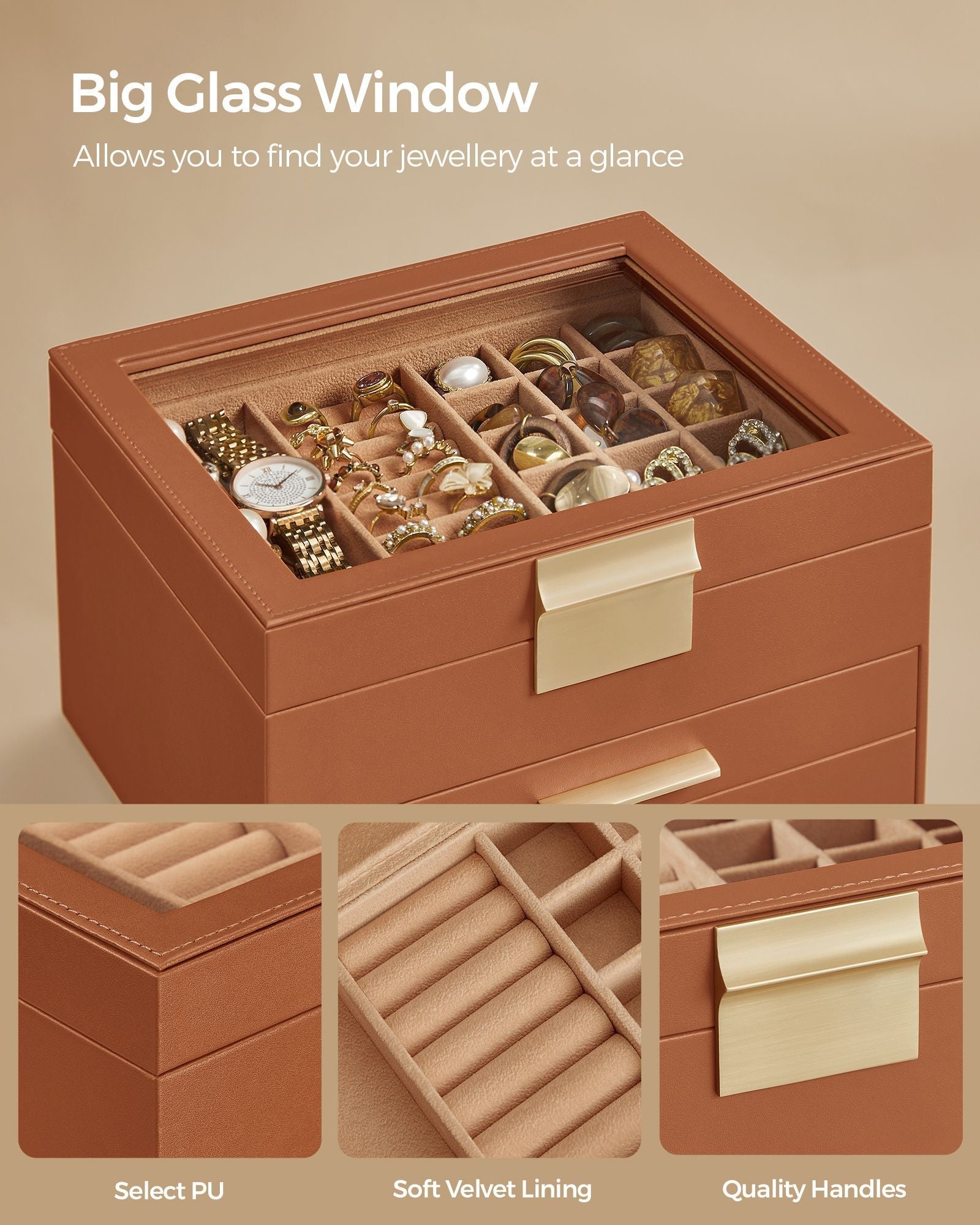 3-Tier Jewellery Box - Glass - Caramel Brown and Gold - Organiser with Drawers