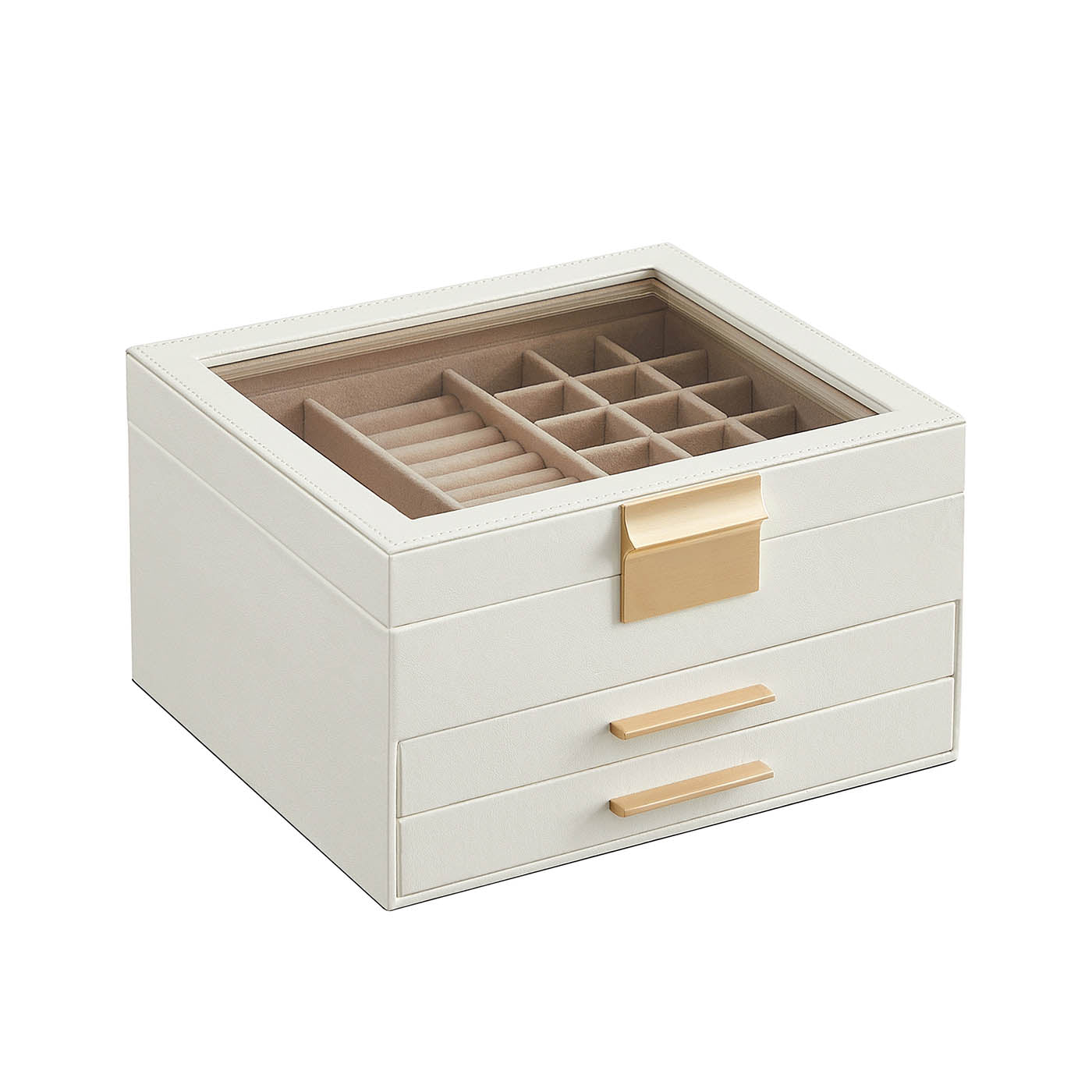 3-Layer Jewellery Box - Wood - White - Includes 2 Drawers and Glass Lid