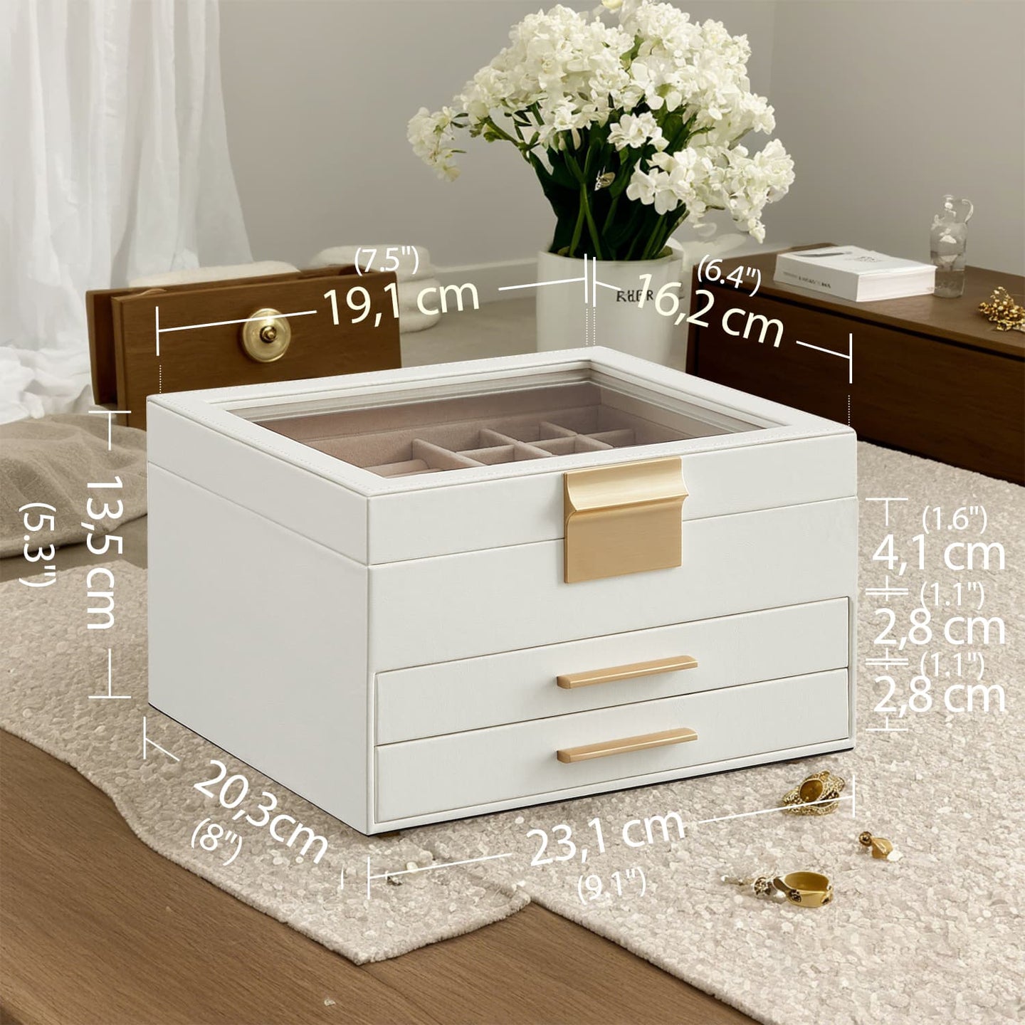 Jewellery Box - 3-Layer with 2 Drawers - Glass - Cloud White and Gold