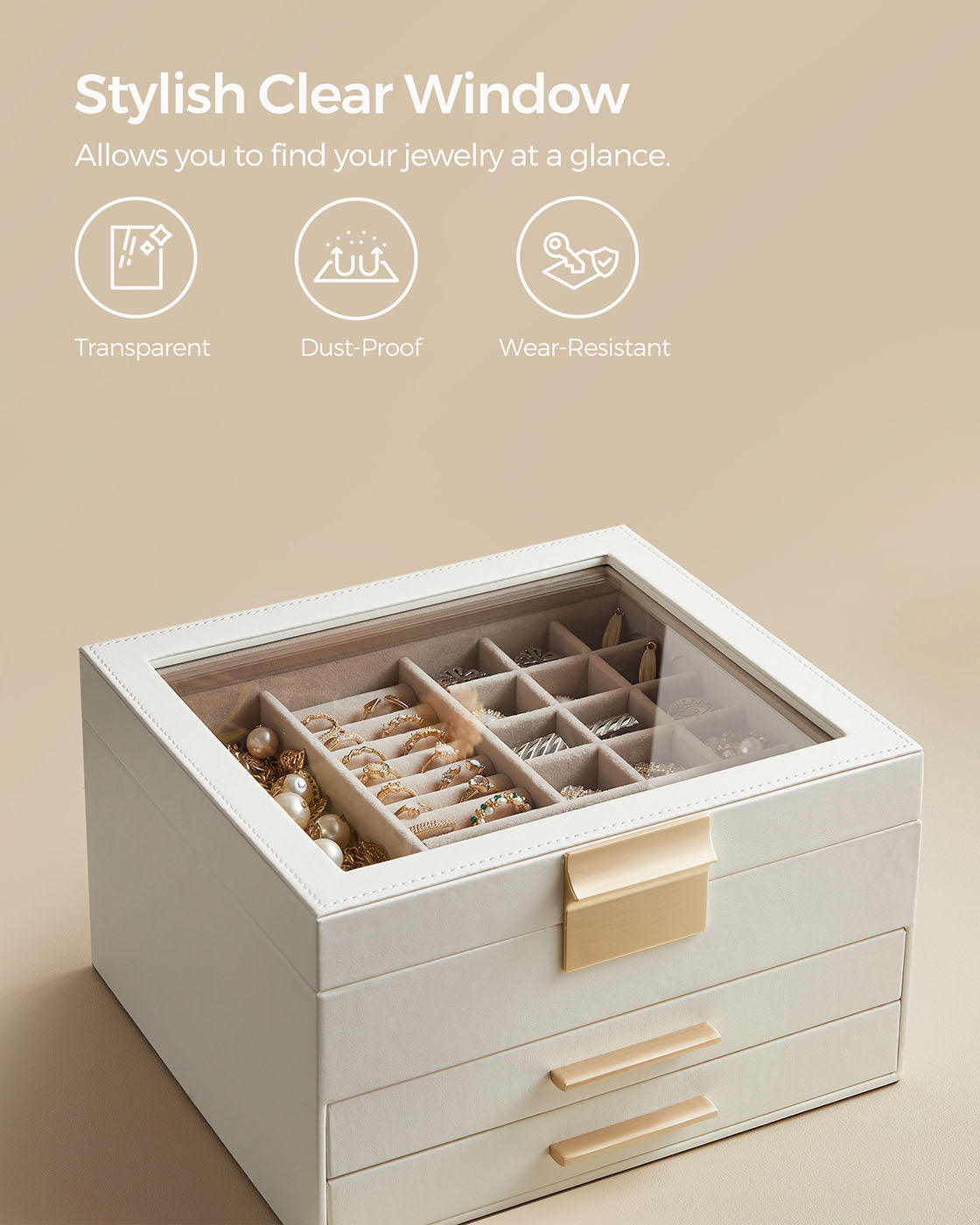 3-Layer Jewellery Box - Wood - White - Includes 2 Drawers and Glass Lid
