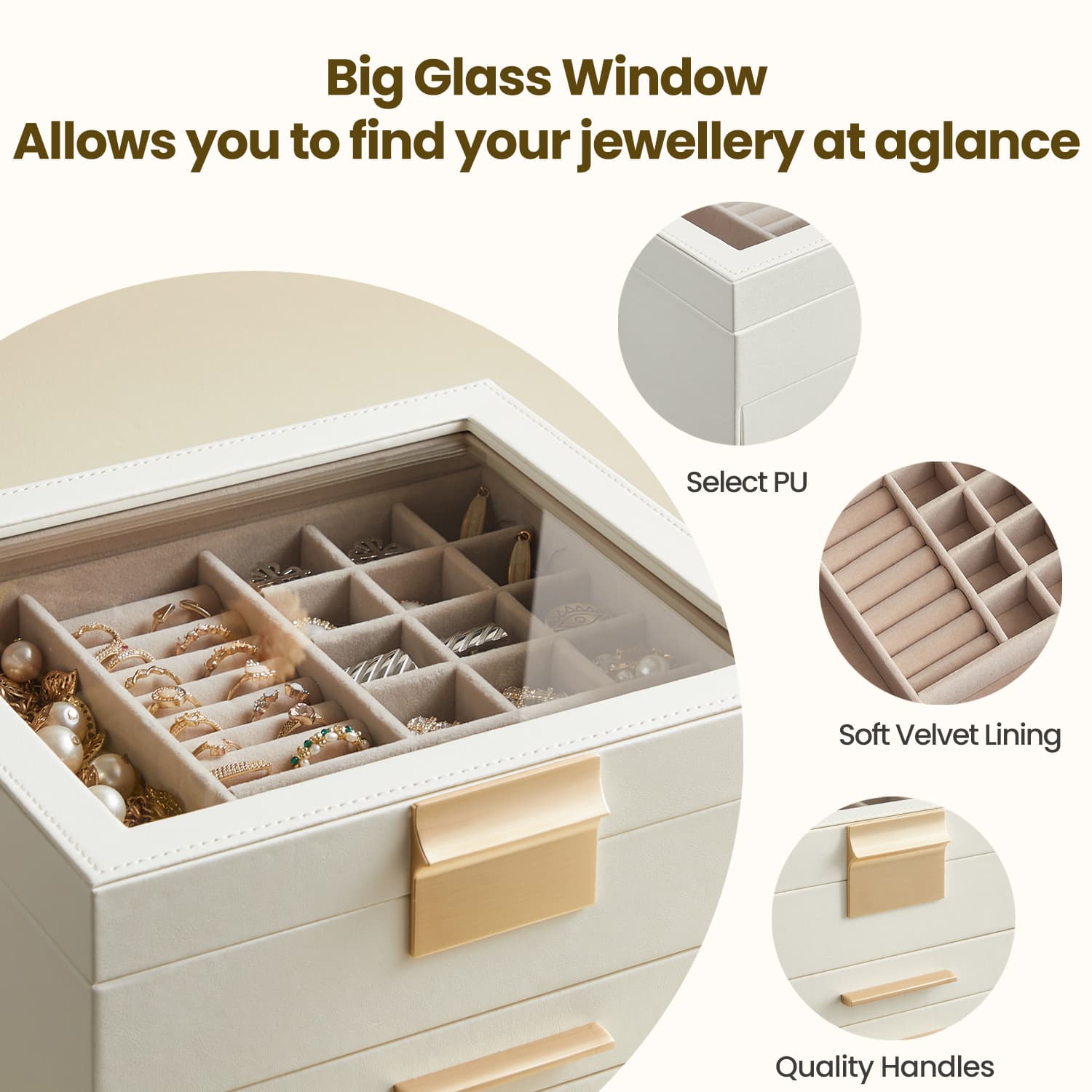 Jewellery Box - 3-Layer with 2 Drawers - Glass - Cloud White and Gold