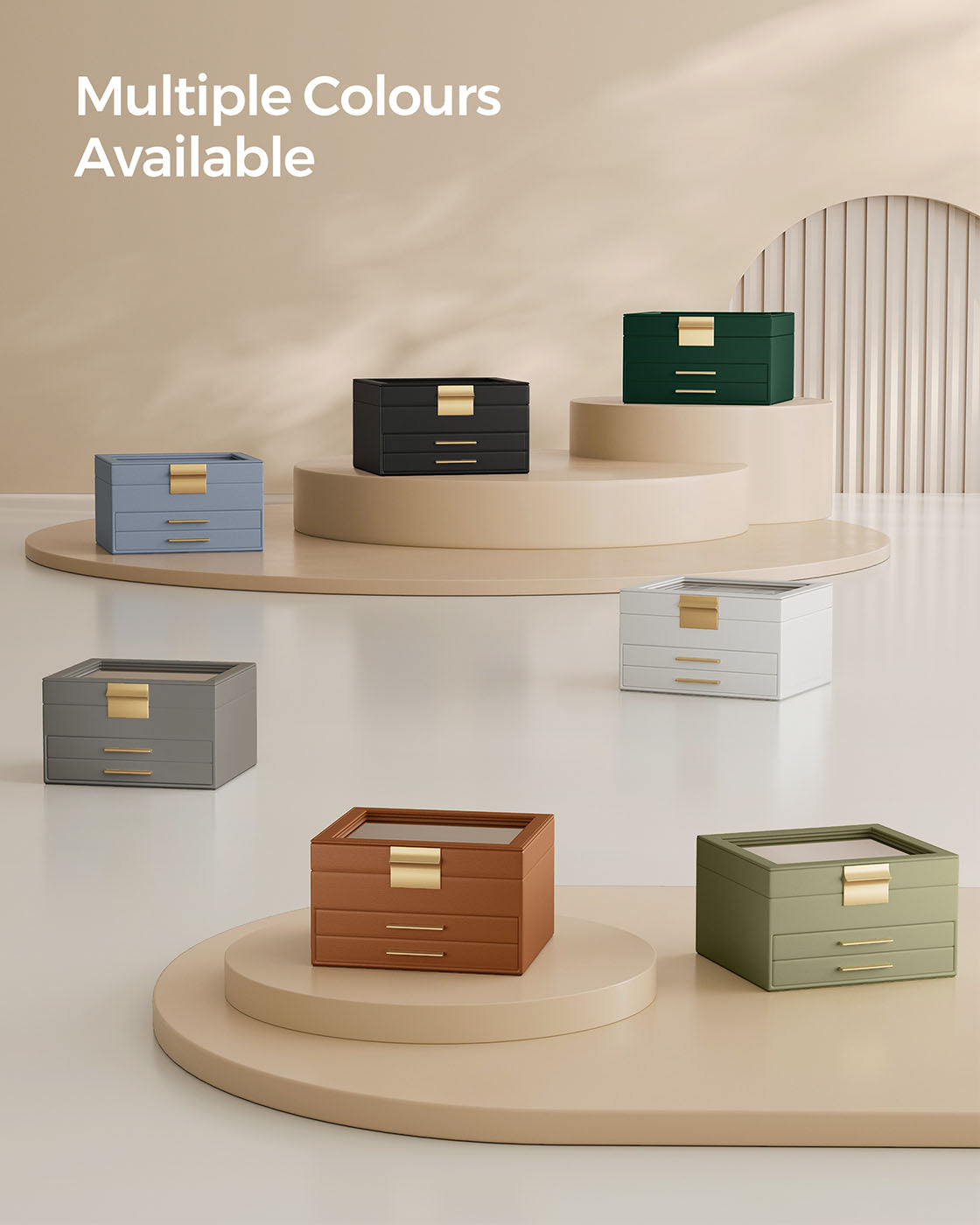 3-Layer Jewellery Box - Wood - White - Includes 2 Drawers and Glass Lid