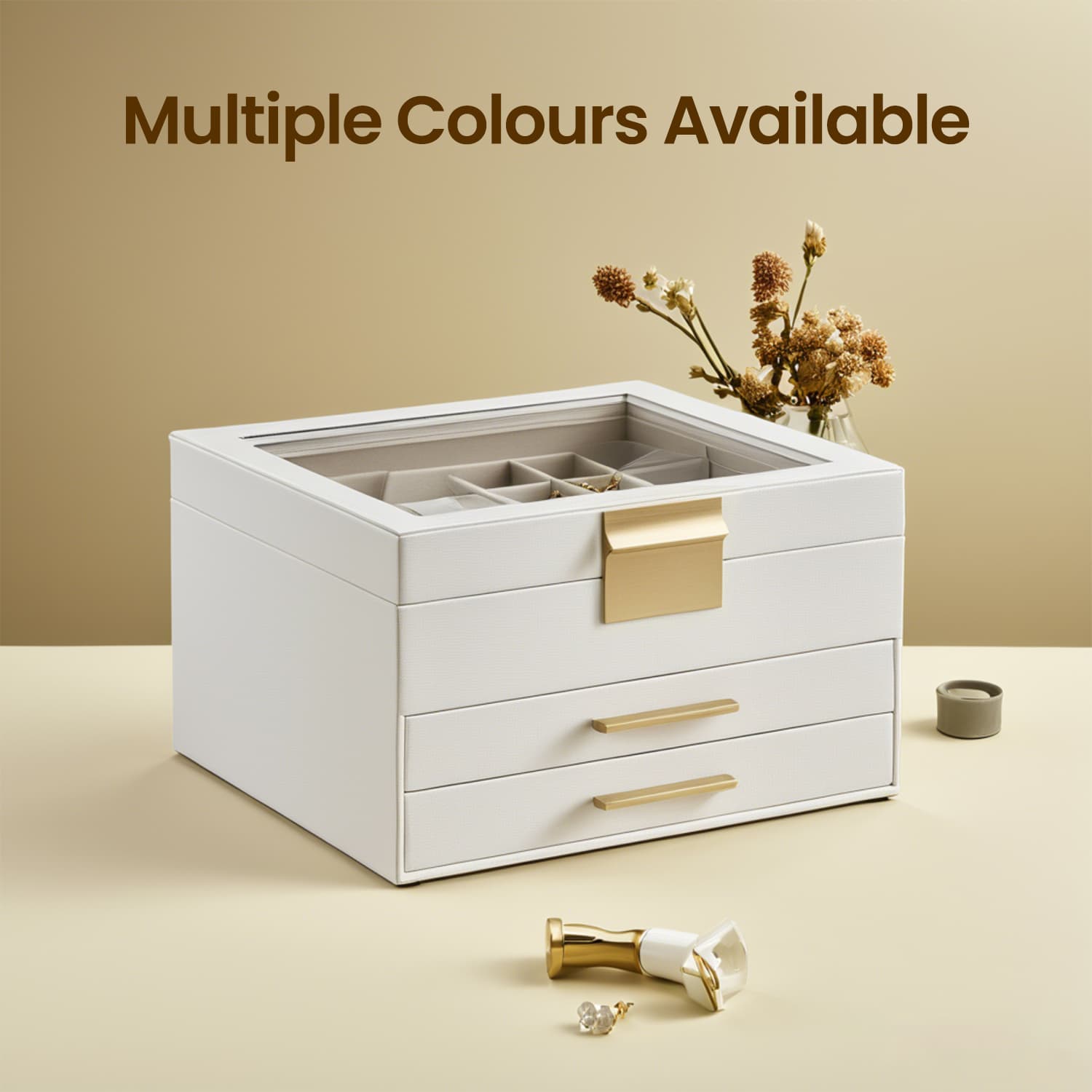 Jewellery Box - 3-Layer with 2 Drawers - Glass - Cloud White and Gold