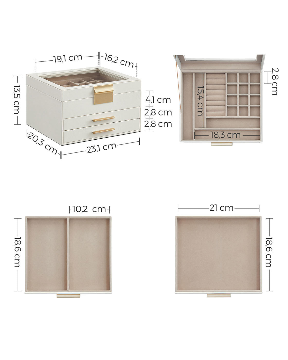 3-Layer Jewellery Box - Wood - White - Includes 2 Drawers and Glass Lid