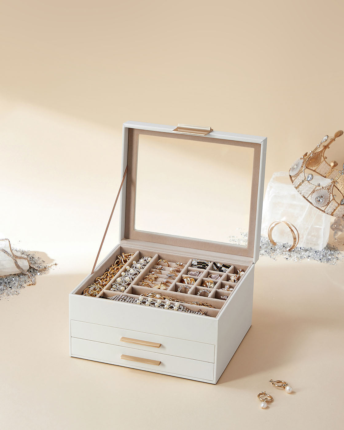 3-Layer Jewellery Box - Wood - White - Includes 2 Drawers and Glass Lid