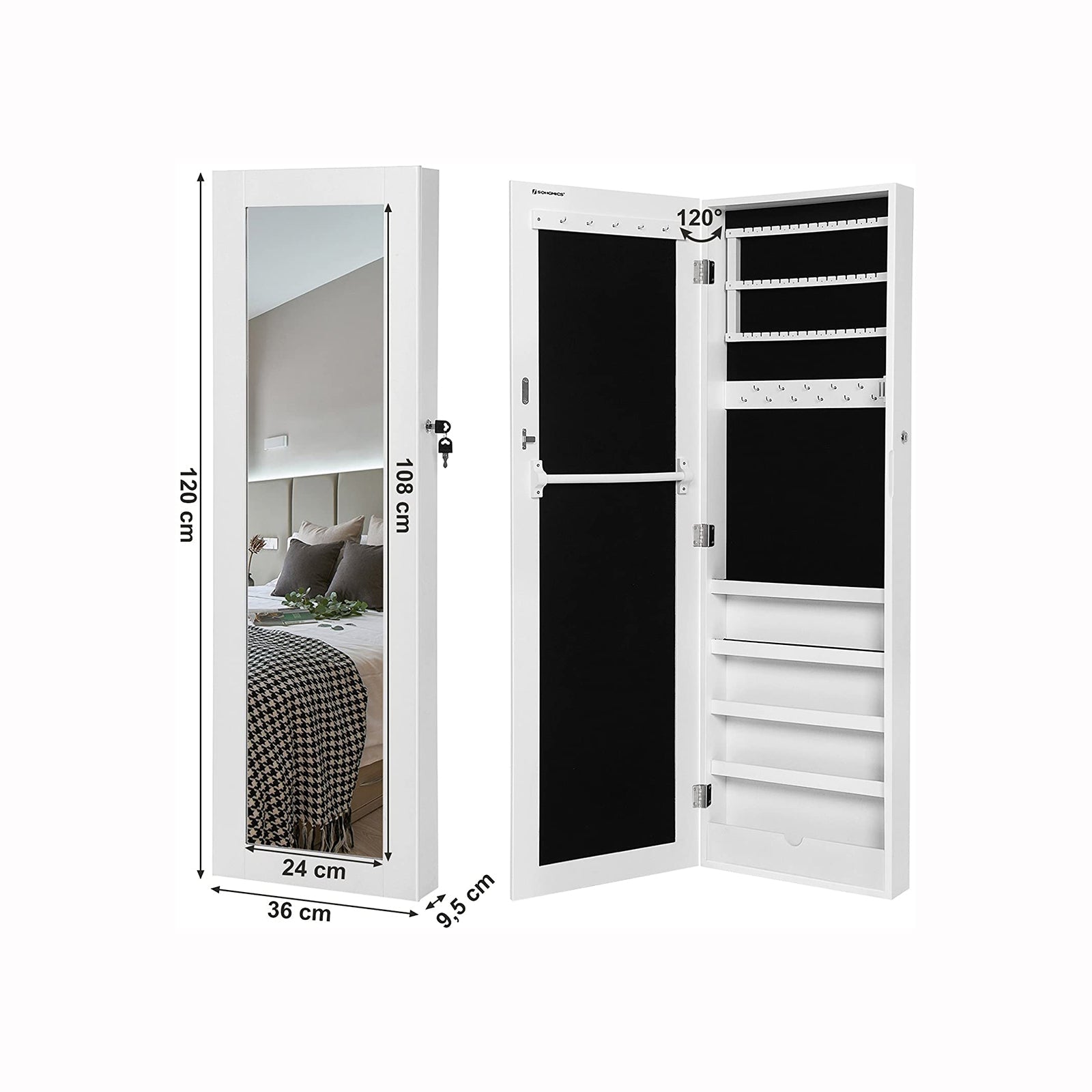 Jewelry Cabinet - MDF - White - Wall-Mounted and Lockable