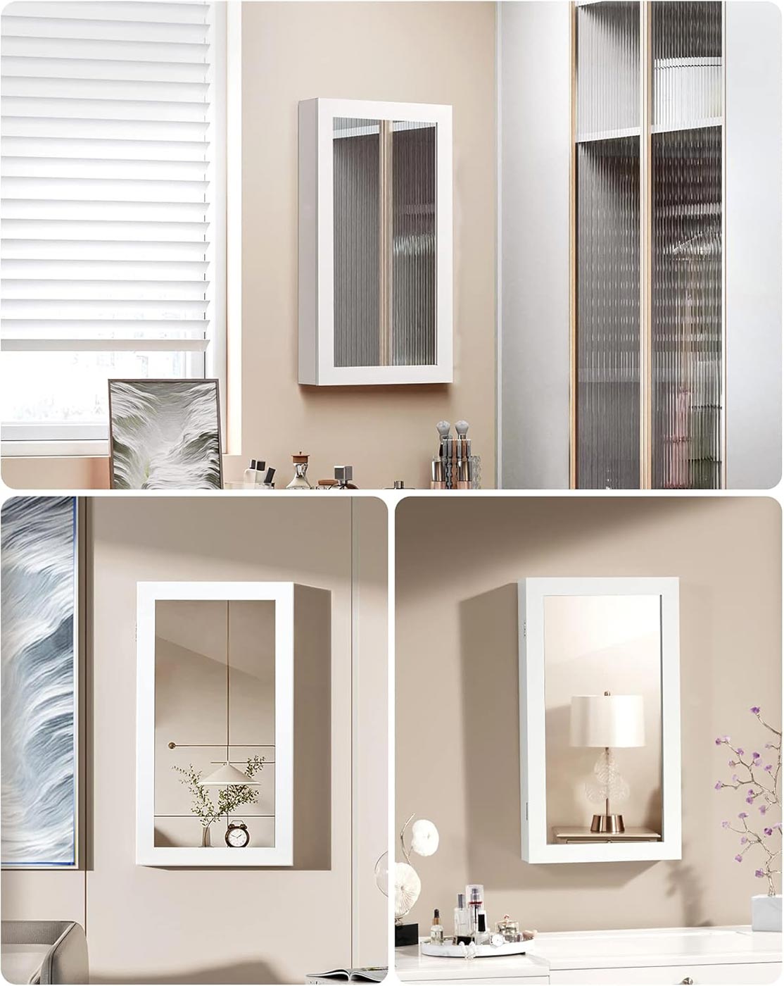 Lockable Jewellery Cabinet - White - Mirror