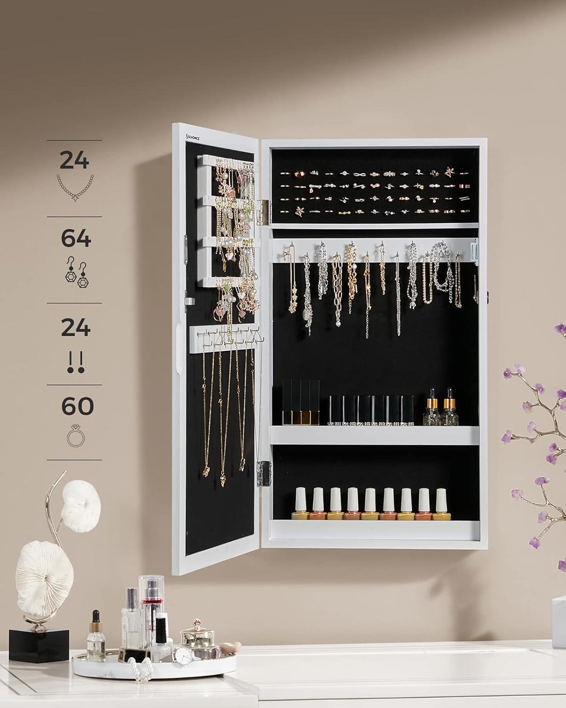 Lockable Jewellery Cabinet - Wood - White