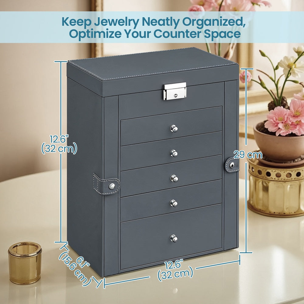 6 Tier Jewelry Box - PU and MDF - Grey - with 5 Drawers
