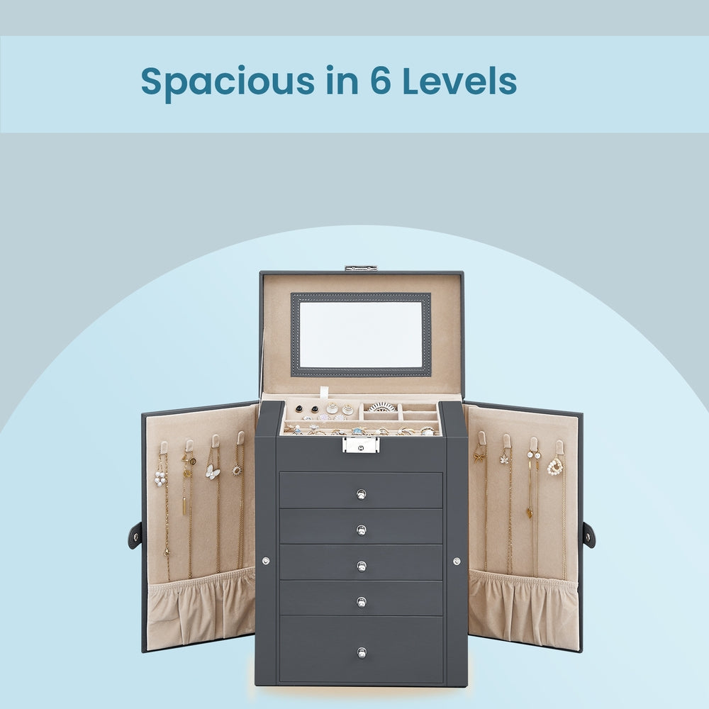 6 Tier Jewelry Box - PU and MDF - Grey - with 5 Drawers
