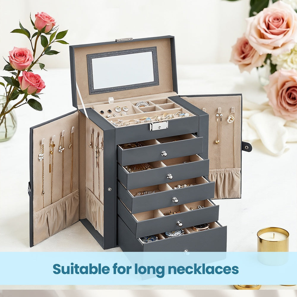 6 Tier Jewelry Box - PU and MDF - Grey - with 5 Drawers