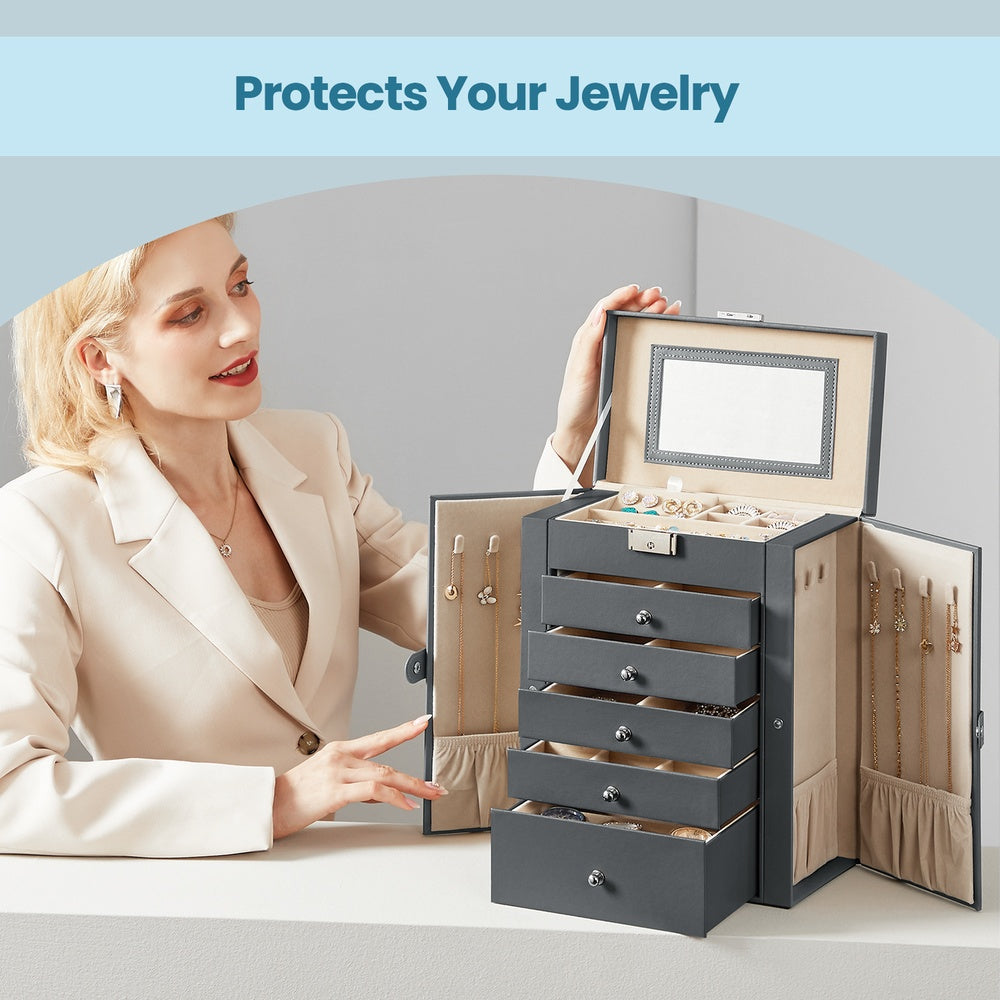6 Tier Jewelry Box - PU and MDF - Grey - with 5 Drawers