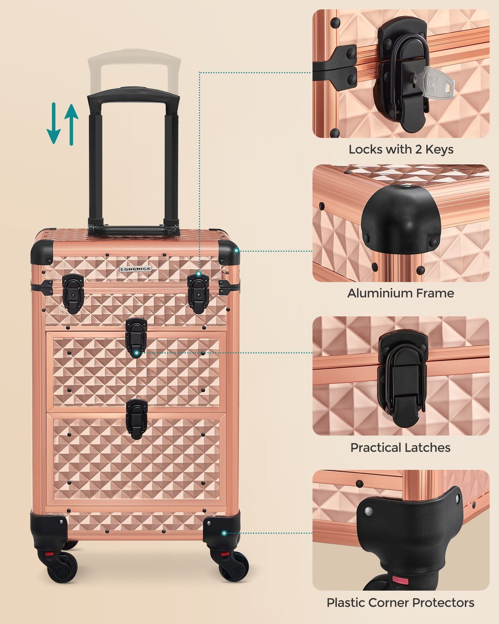 Beauty Case - Plastic - Black - Mobile with 4 Removable Universal Wheels and 3-Level Top