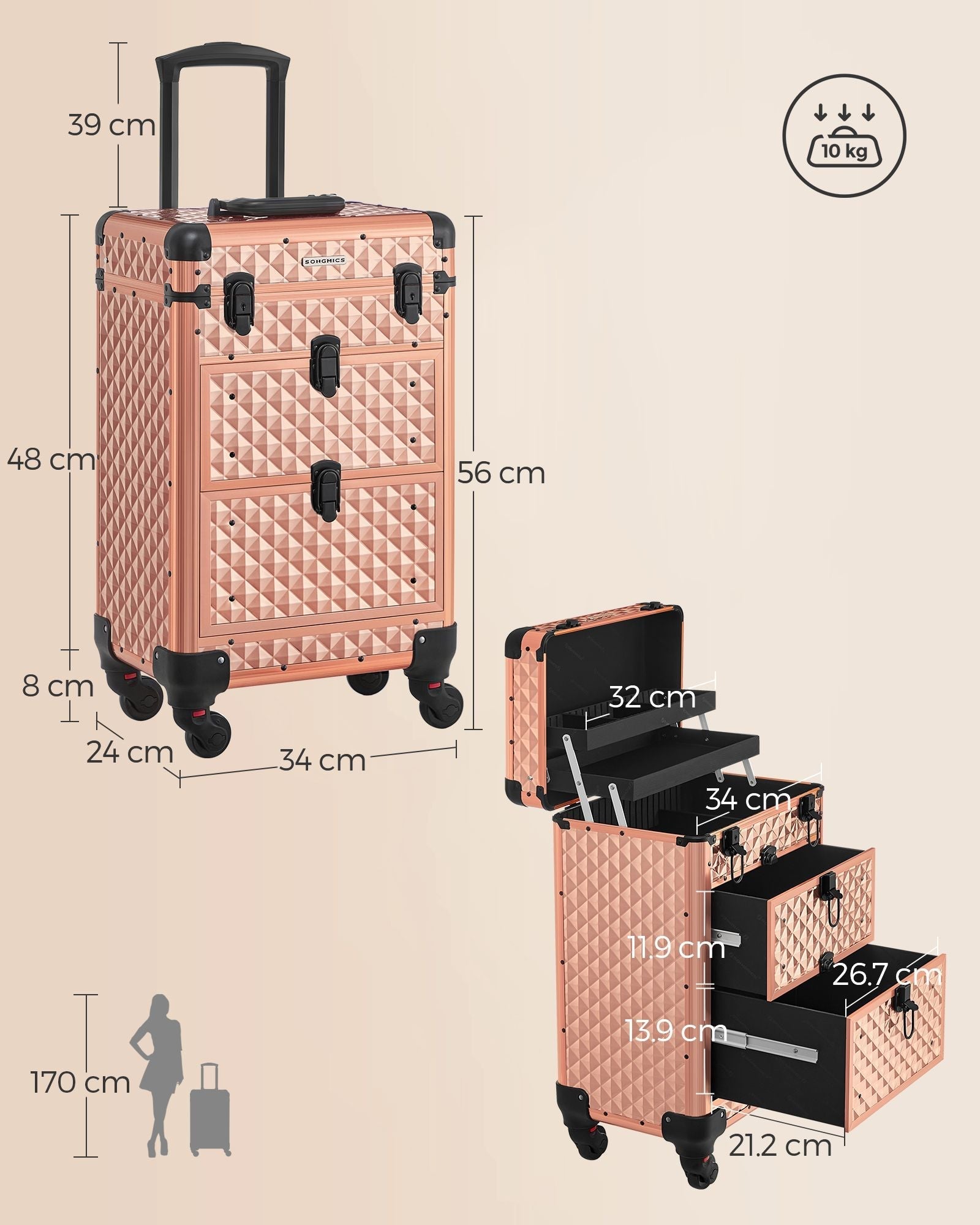 Beauty Case - Plastic - Black - Mobile with 4 Removable Universal Wheels and 3-Level Top