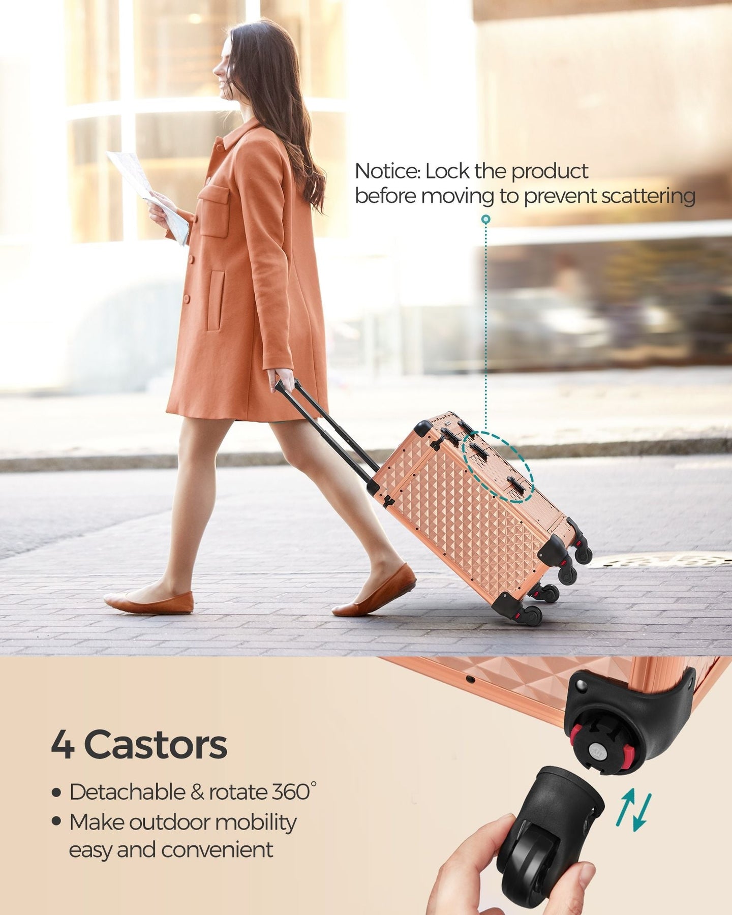 Beauty Case - Plastic - Black - Mobile with 4 Removable Universal Wheels and 3-Level Top
