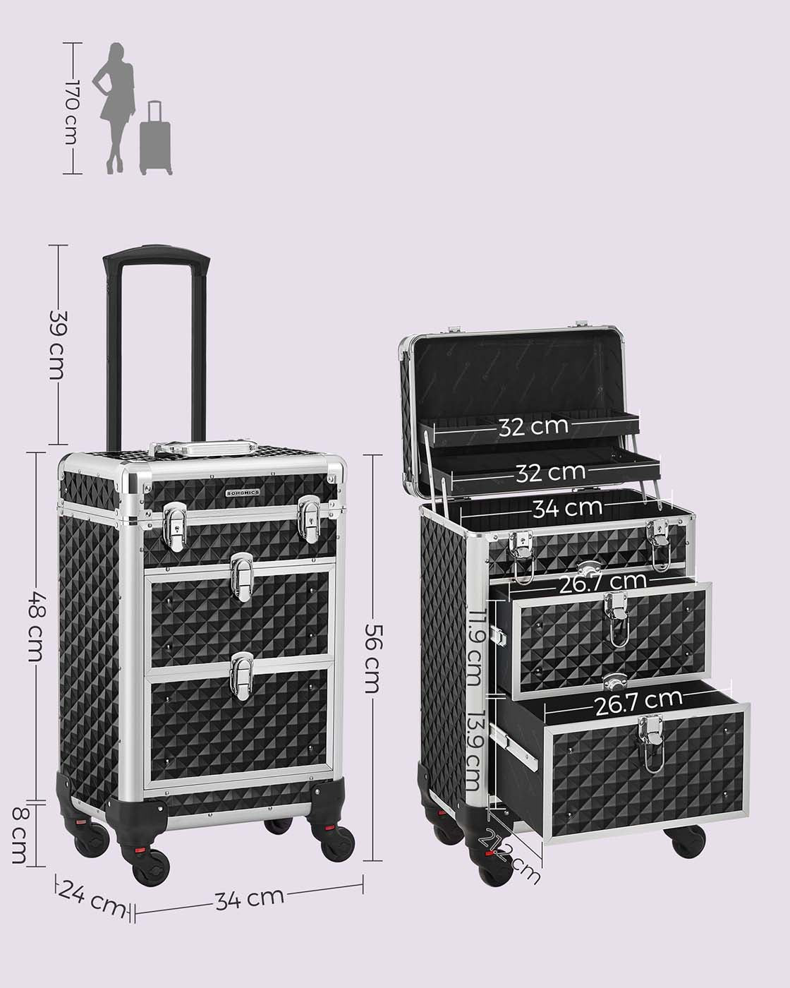 Rolling Makeup Case - ABS - Red - Lockable and Portable