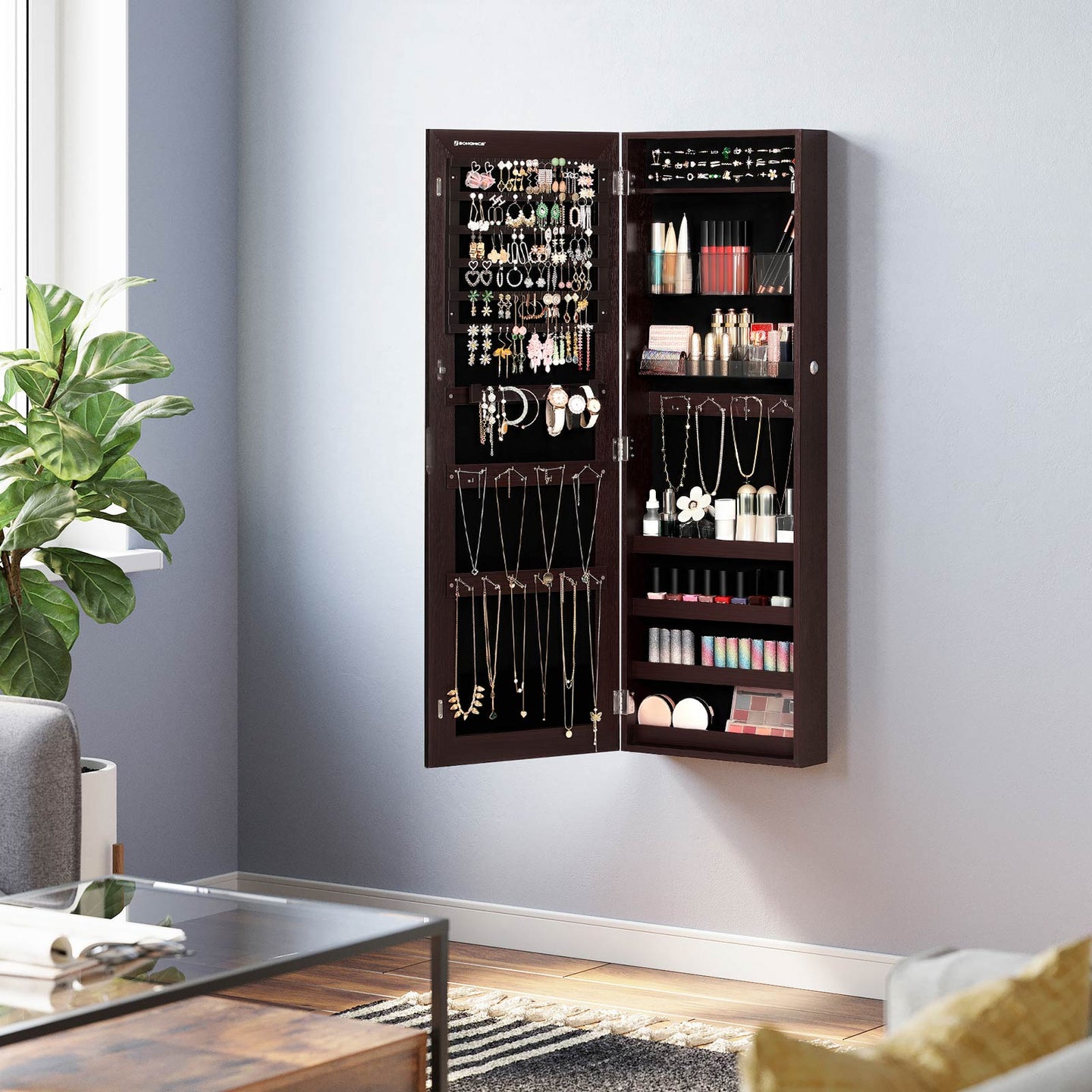Jewelry Cabinet Armoire - Wood - Brown - Lockable Wall-Mounted with Full-Length Mirror and Cosmetic Storage Trays