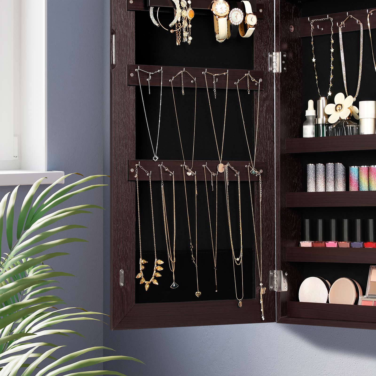Jewelry Cabinet Armoire - Wood - Brown - Lockable Wall-Mounted with Full-Length Mirror and Cosmetic Storage Trays