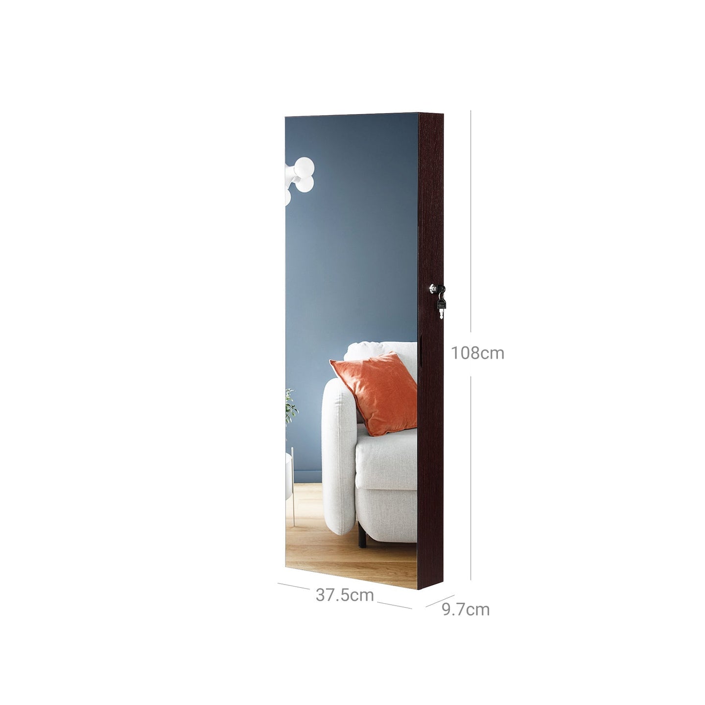 Jewelry Cabinet Armoire - Wood - Brown - Lockable Wall-Mounted with Full-Length Mirror and Cosmetic Storage Trays