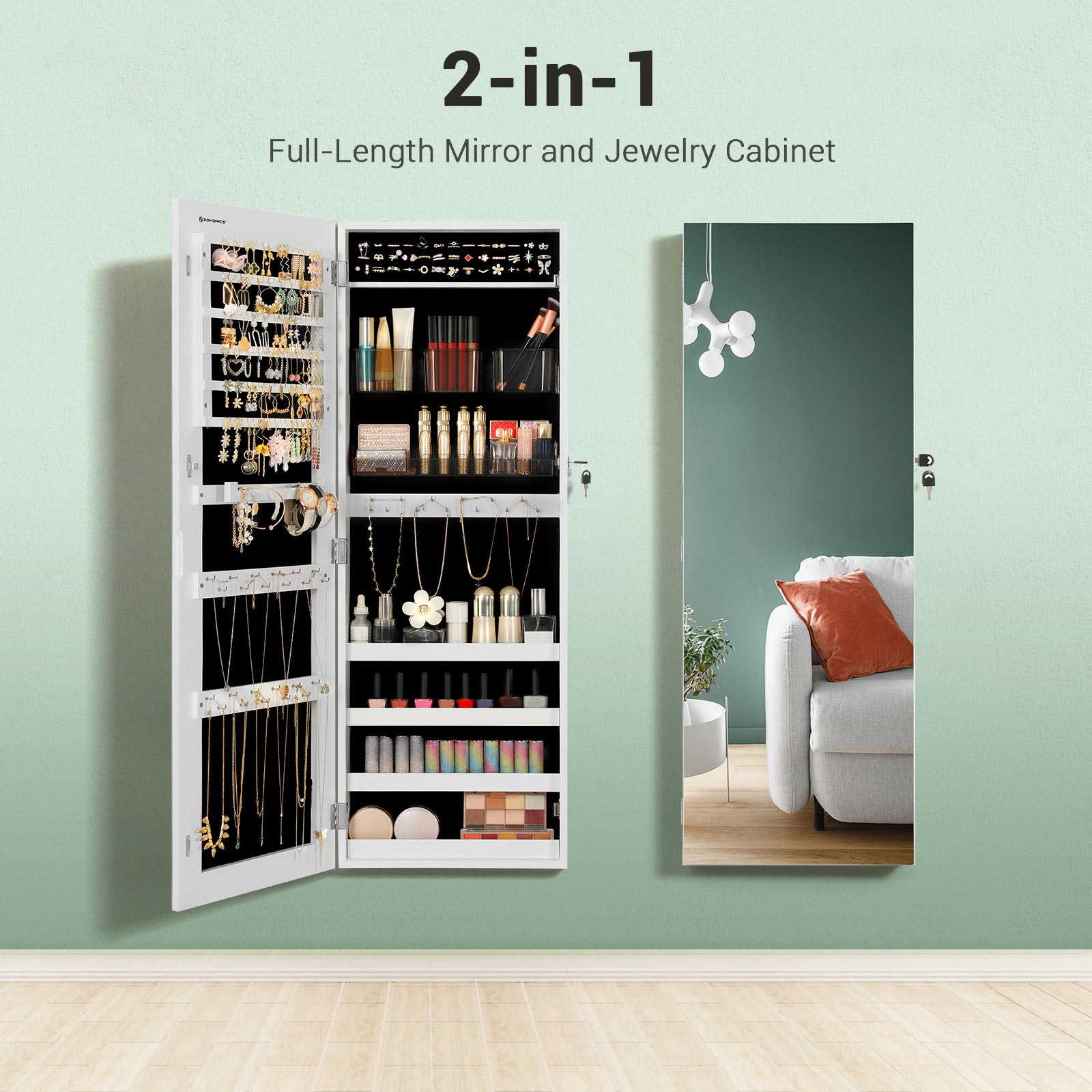 Jewelry Cabinet Armoire - Wood - White - Lockable Wall-Mounted with Full-Length Mirror