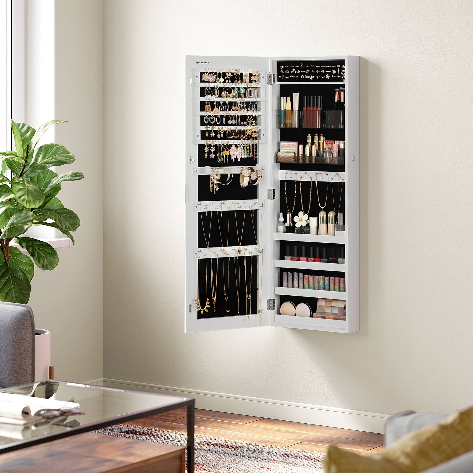 Jewelry Cabinet Armoire - Wood - White - Lockable Wall-Mounted with Full-Length Mirror