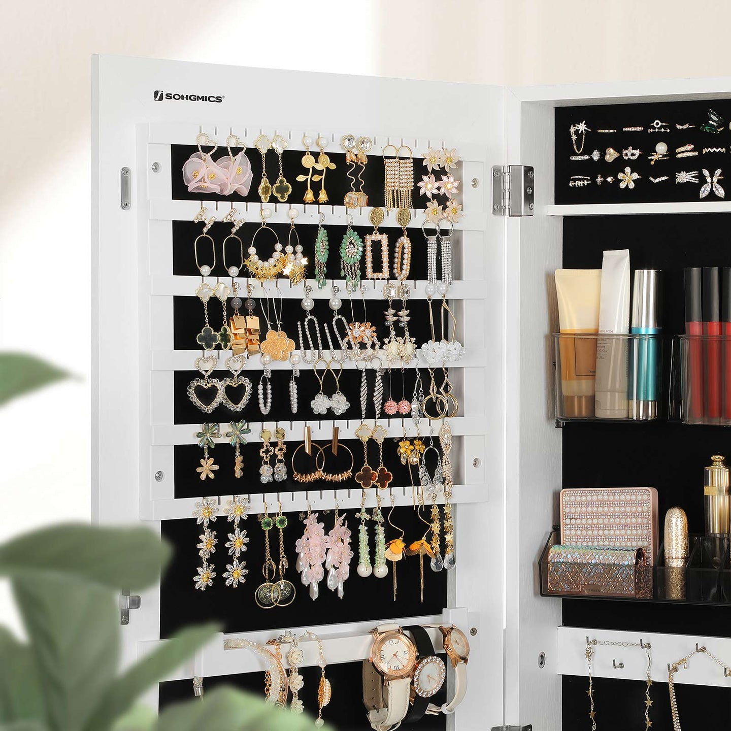 Jewelry Cabinet Armoire - Wood - White - Lockable Wall-Mounted with Full-Length Mirror