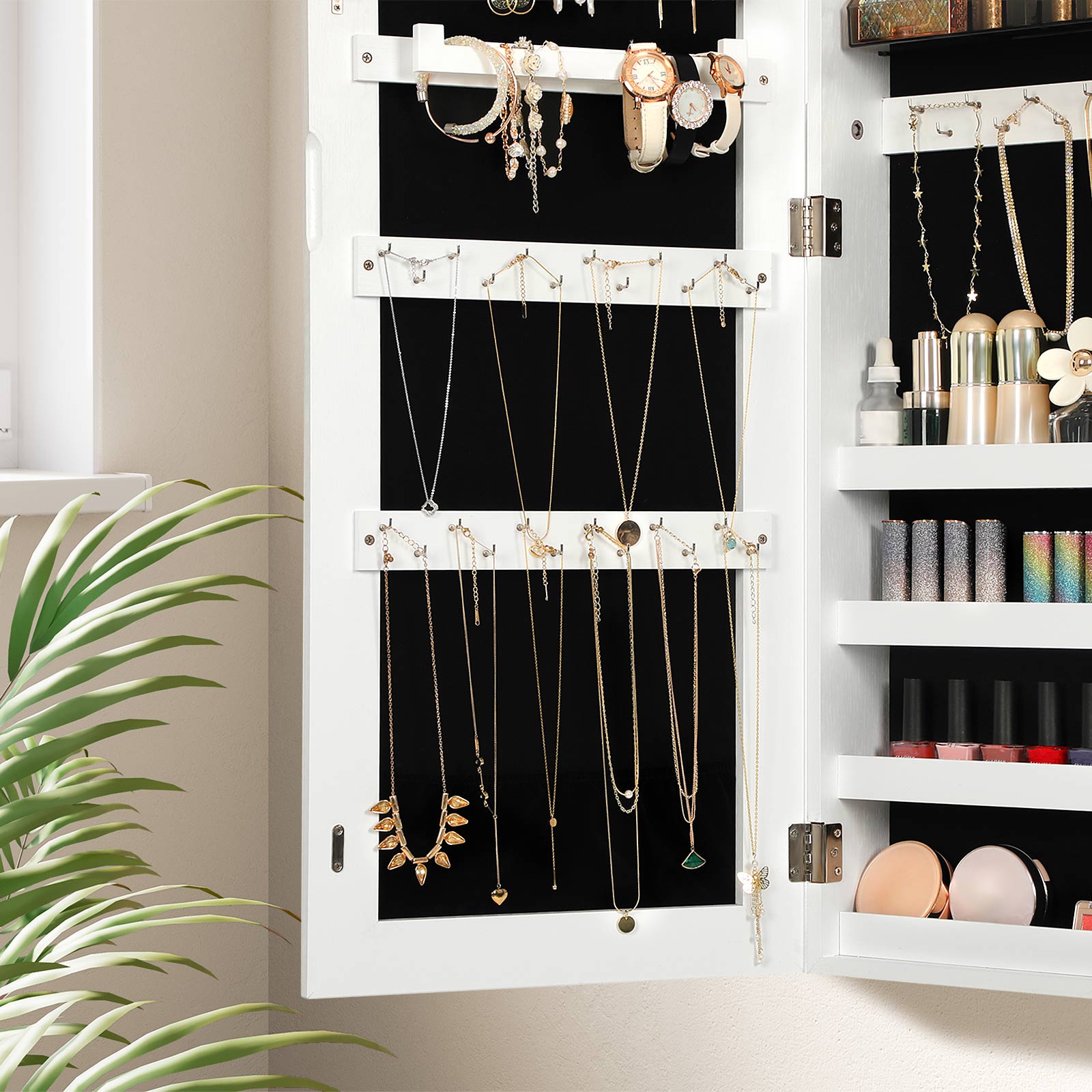 Jewelry Cabinet Armoire - Wood - White - Lockable Wall-Mounted with Full-Length Mirror