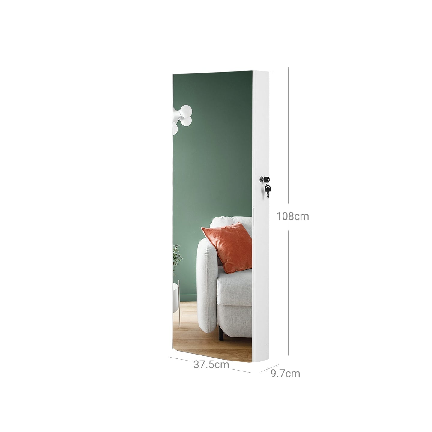 Jewelry Cabinet Armoire - Wood - White - Lockable Wall-Mounted with Full-Length Mirror