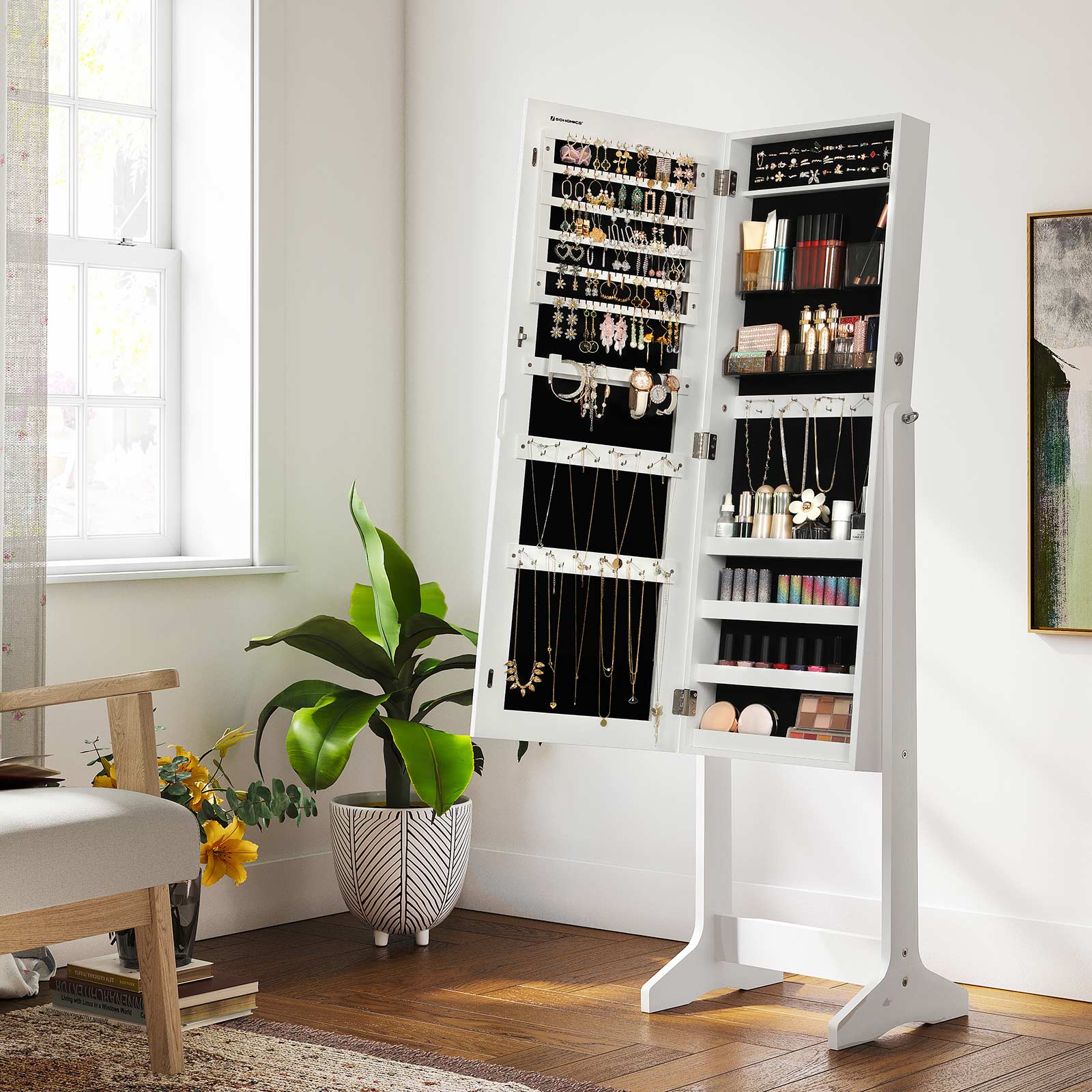 Jewelry Cabinet Armoire - Wood - White - Freestanding with Full-Length Mirror and Lockable Storage