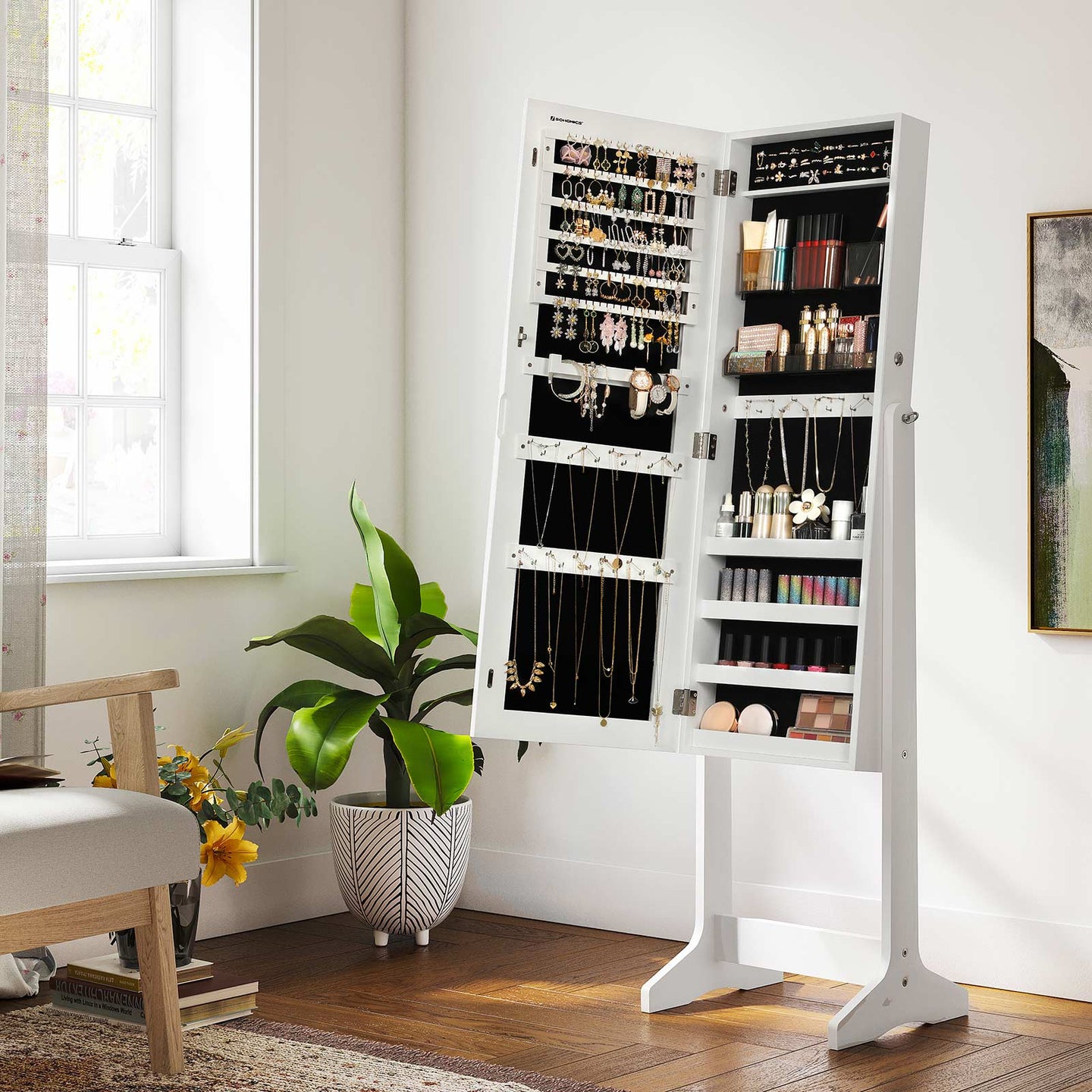Jewelry Cabinet Armoire - Wood - White - Freestanding with Full-Length Mirror and Lockable Storage
