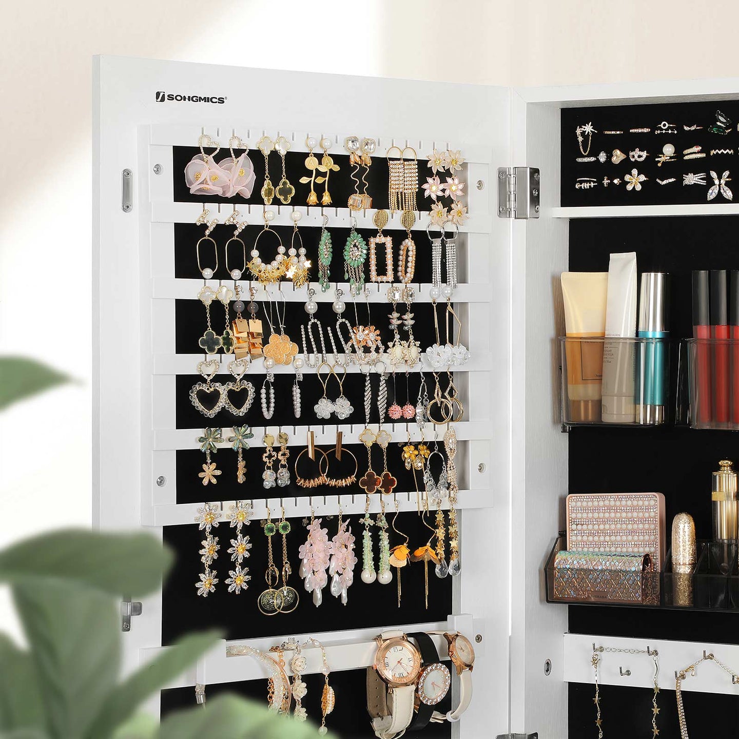 Jewelry Cabinet Armoire - Wood - White - Freestanding with Full-Length Mirror and Lockable Storage