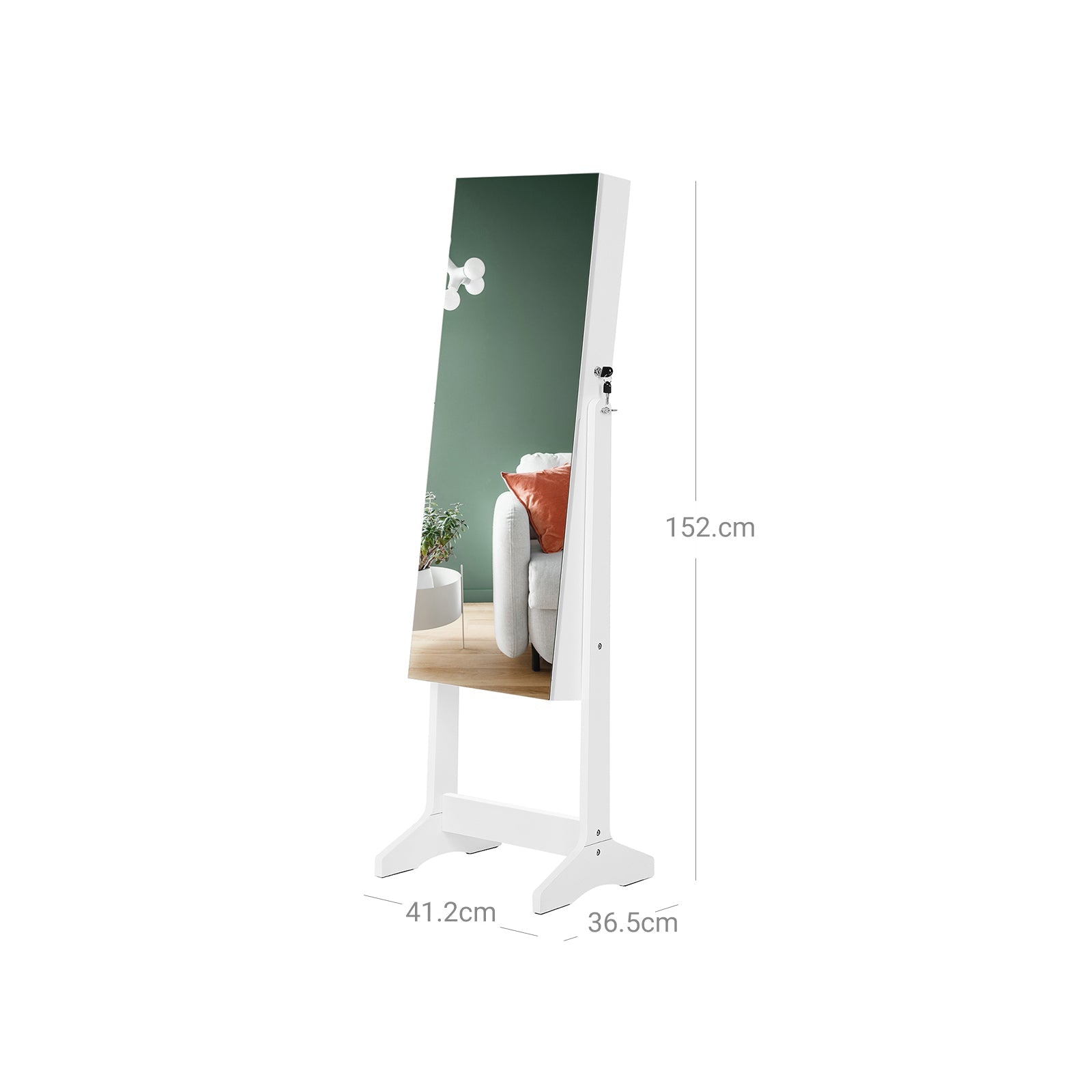 Jewelry Cabinet Armoire - Wood - White - Freestanding with Full-Length Mirror and Lockable Storage