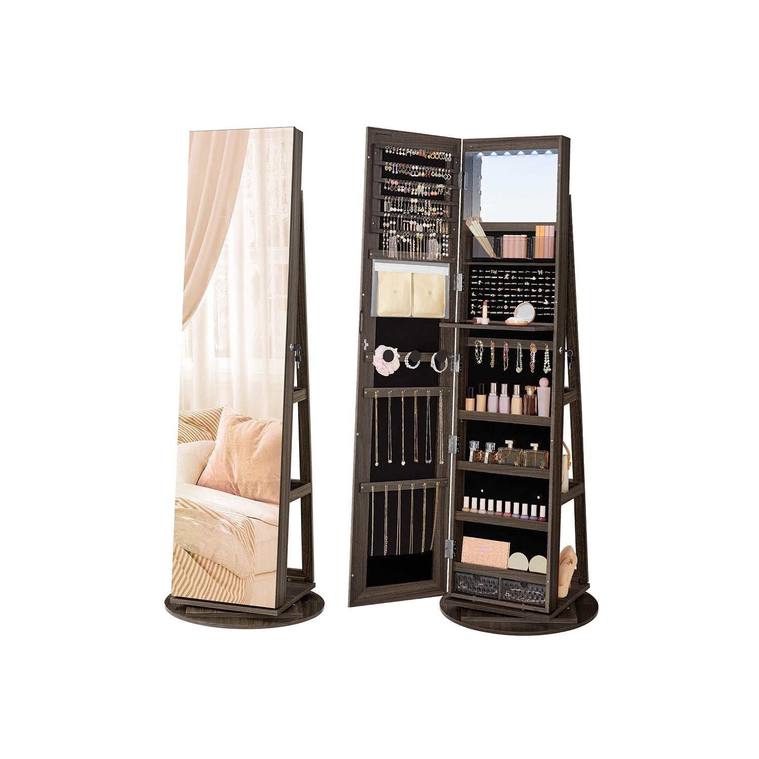Jewellery Cabinet - MDF - Rustic Brown - Full-Length Mirror with 360° Swivel and Lockable Storage