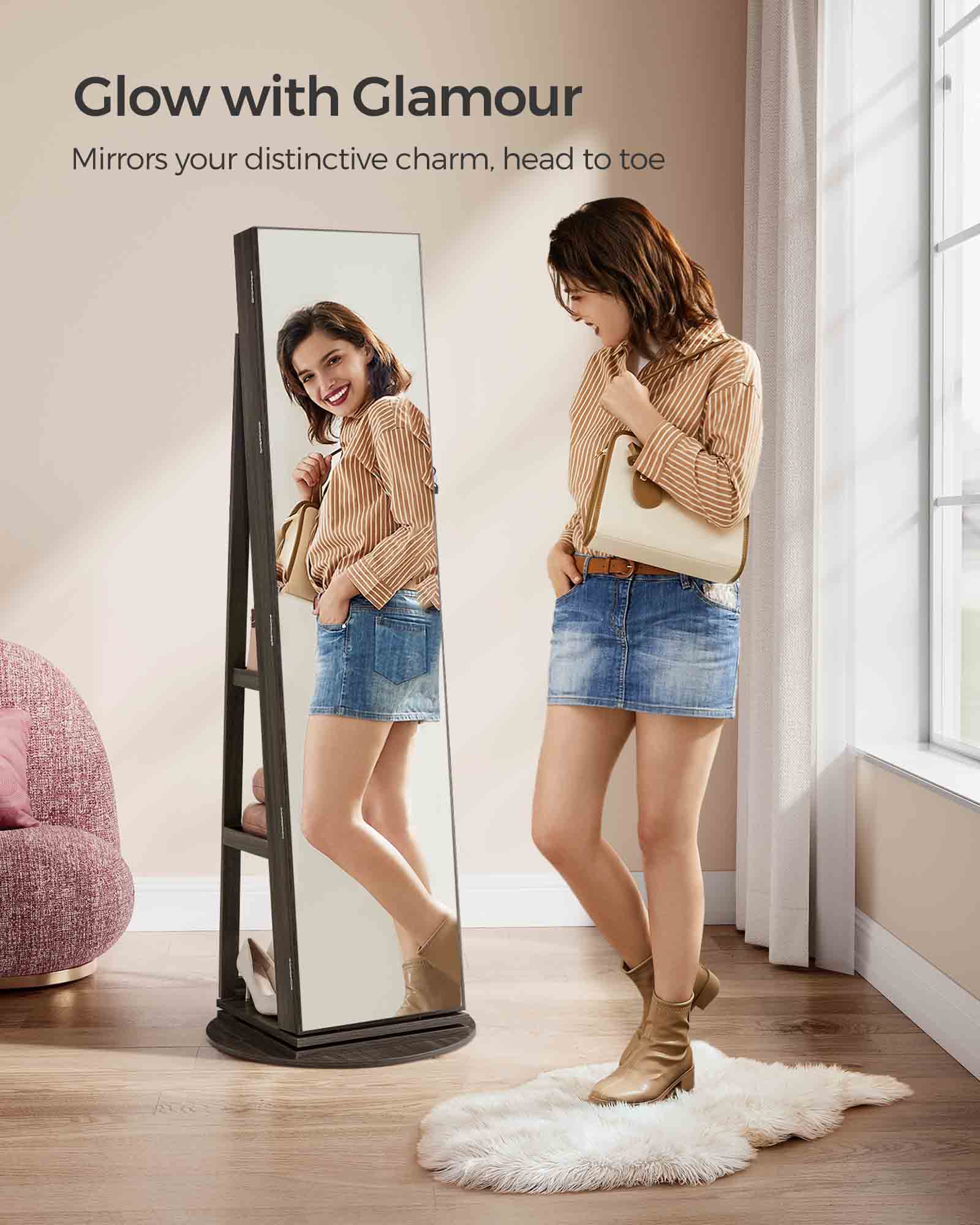 Jewellery Cabinet - MDF - Rustic Brown - Full-Length Mirror with 360° Swivel and Lockable Storage
