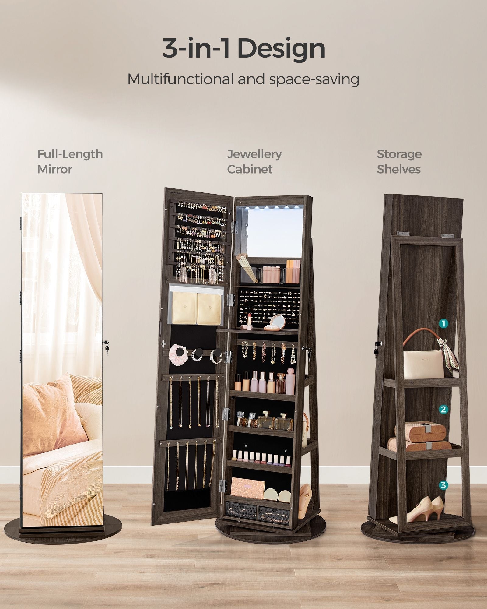 Jewellery Cabinet - MDF - Rustic Brown - Full-Length Mirror with 360° Swivel and Lockable Storage