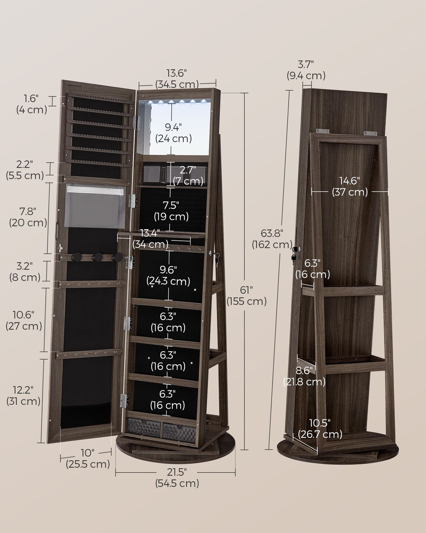 Jewellery Cabinet - MDF - Rustic Brown - Full-Length Mirror with 360° Swivel and Lockable Storage