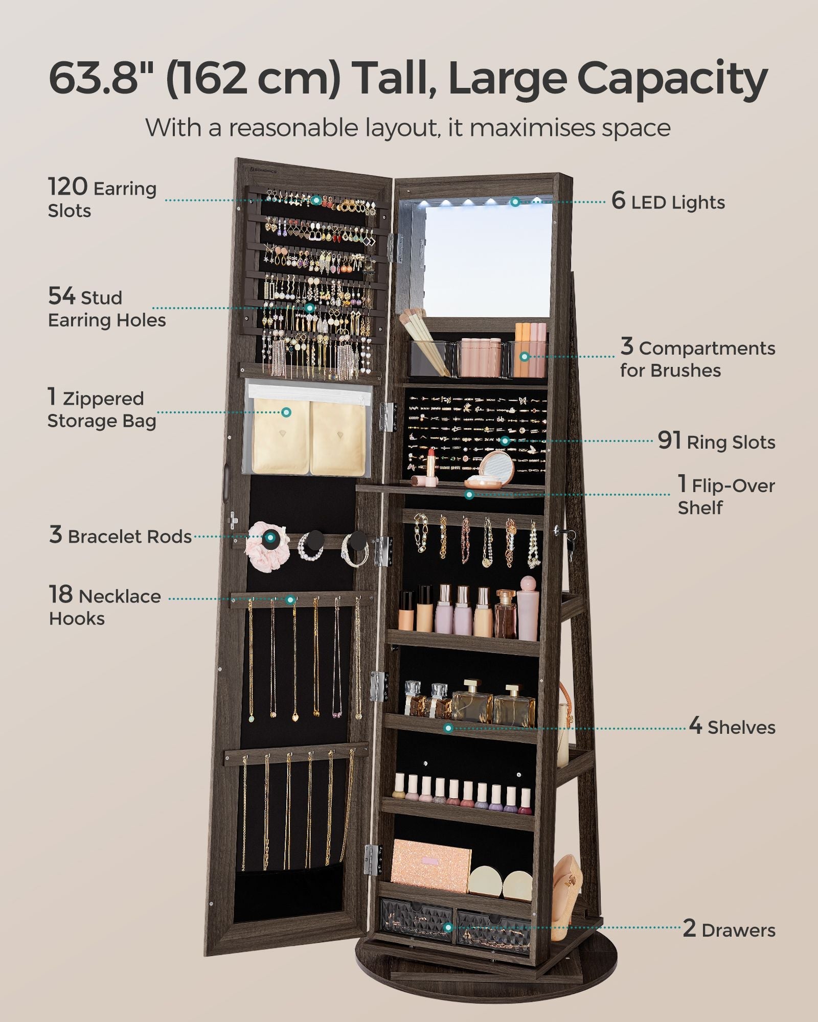 Jewellery Cabinet - MDF - Rustic Brown - Full-Length Mirror with 360° Swivel and Lockable Storage